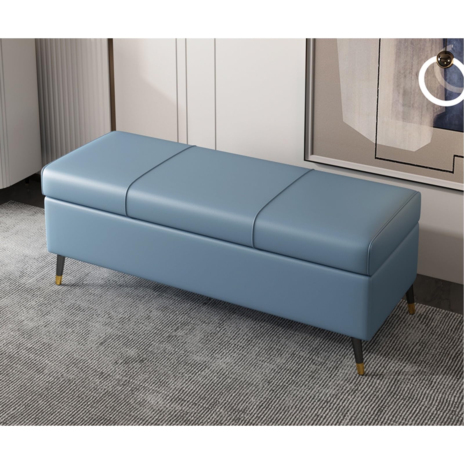 LUUYYI Otomana extra larga de piel sintética blanca con almacenamiento, elegante mueble rectangular de piel sintética para sala de estar y dormitorio, ideal para pies de cama S (azul-140 cm)