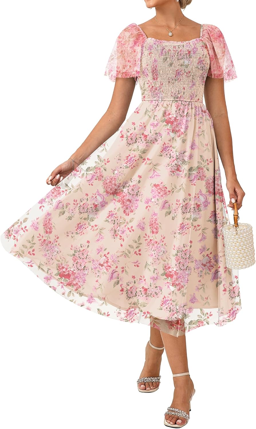 GRACE KARIN Women's Summer Floral Maxi Dress 2026 Square Neck Smocked Mesh Dresses Short Sleeve Party Wedding Guest Sundress