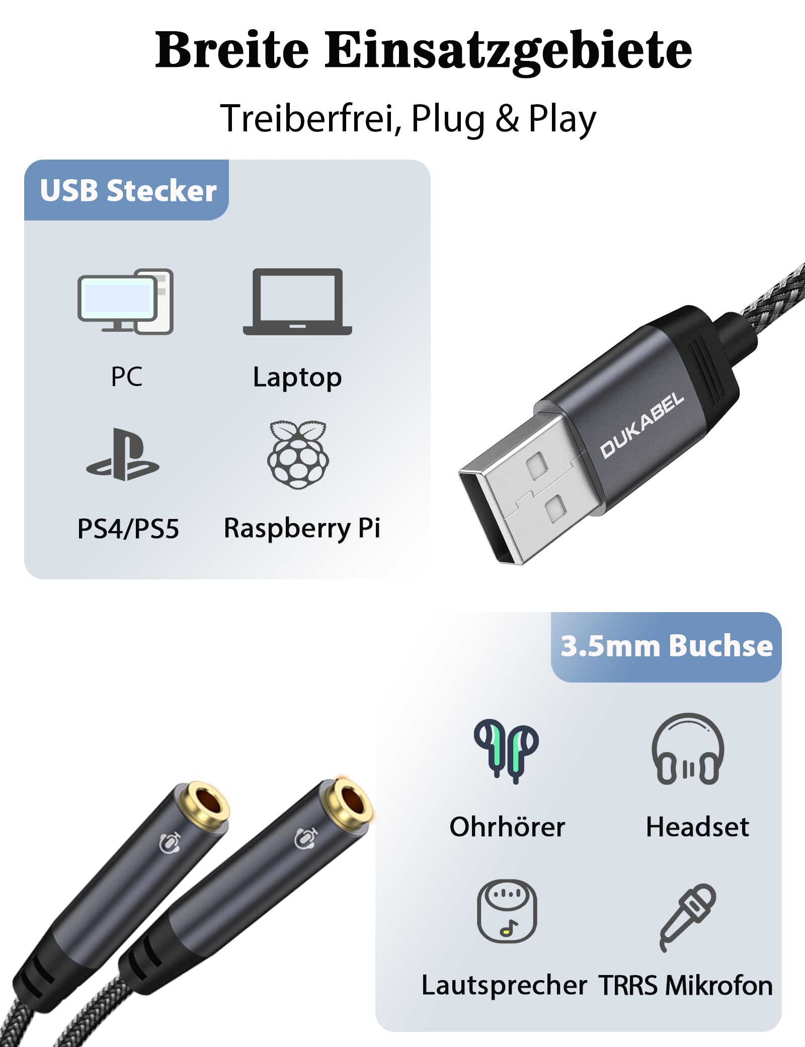 DuKabel Zewnętrzna karta dźwiękowa USB 0,3 m USB na 2 gniazda TRRS 3,5 mm (Audio+Mic) Headset Splitter Stereo Audio Y adapter kabel odpowiedni do PC, PS4, PS5, laptopa, głośników, słuchawek - Top