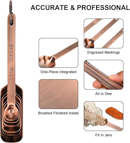 Miniatura 7 de Juego de 18 tazas y cucharas medidoras de cobre, 7 tazas medidoras de cobre, 9 cucharas medidoras de cobre, cucharas medidoras y tazas de acero