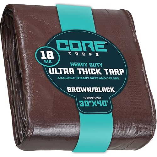 Core Tarps Extra Heavy Duty 16 Mil Tarp Cover, Waterproof, UV Resistant, Rip and Tear Proof, Poly Tarpaulin with Reinforced Edges for Roof, Camping, Patio, Pool, Boat (Brown/Black 30′ X 40′)