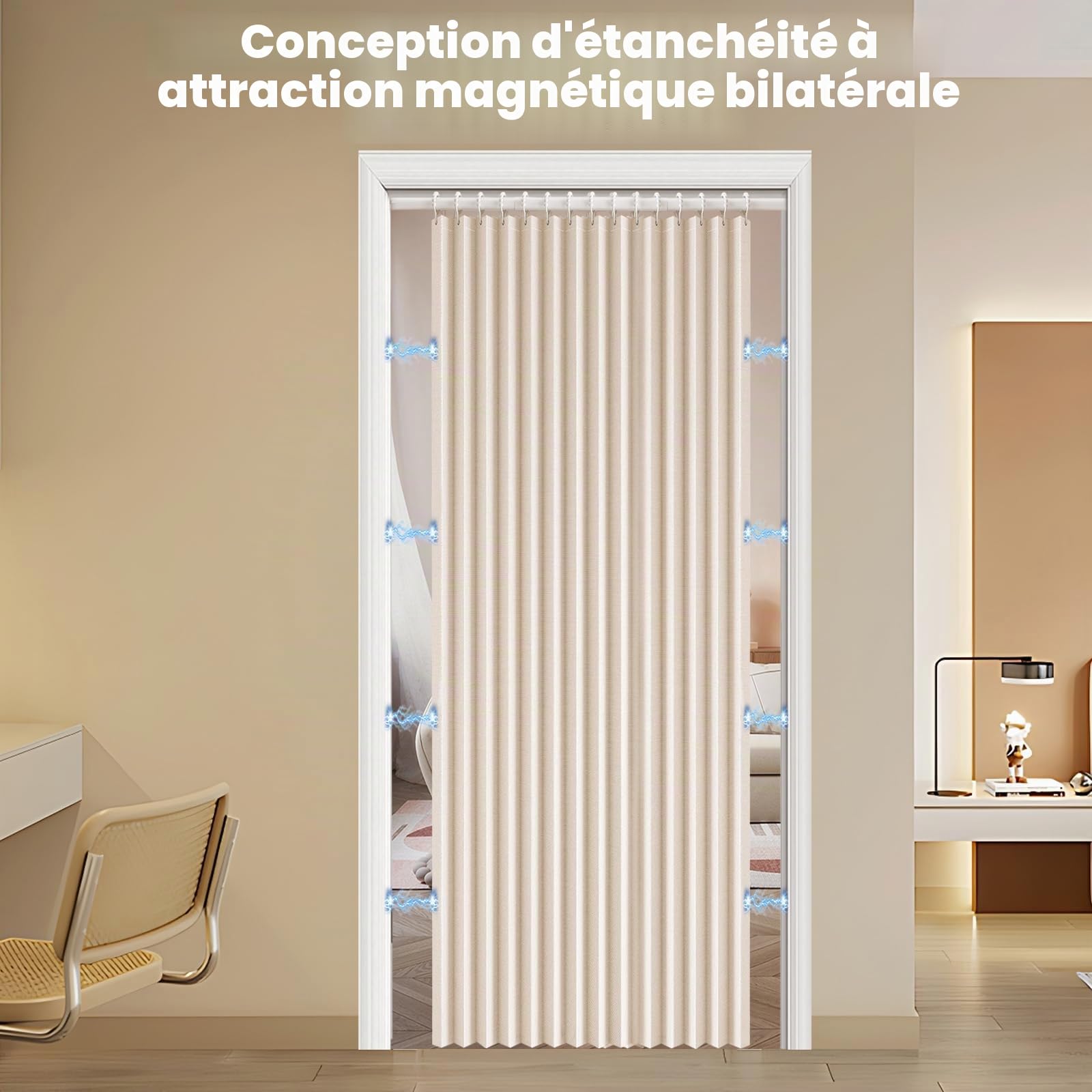 Rideau Occultant avec Barre sans Perçage,Rideau Separation de Piece avec Bouton Magnétique Thermiques Isolants Anti Froid et Chaleur,Rideau de Porte Opaque,200cm de Haut pour Salon,Cuisine,Vestiaire