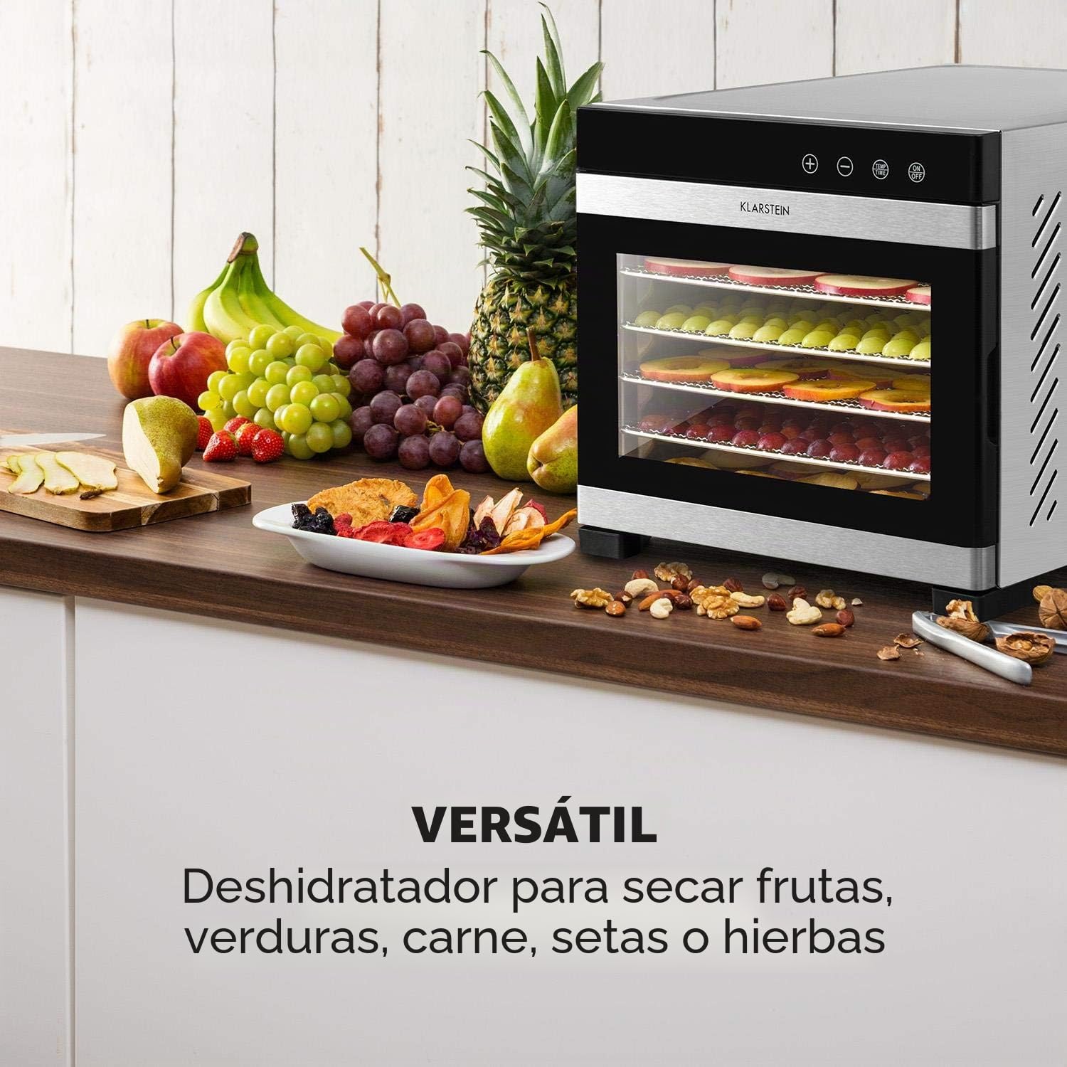 Klarstein Flavour Dry Deshidratadora de alimentos - Carcasa de acero inoxidable, 6 baldas, Temperatura 35-70 °C, Pantalla táctil LCD, 360° Airflow Circulation, Termostato digital, Frontal negro
