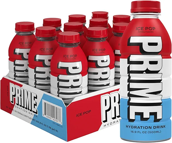PRIME Hydration ICE POP, Sports Drinks, Electrolyte Enhanced for Replenishing Fluids, 250mg BCAAs, B Vitamins, Antioxidants, Low Sugar, 16.9 Fl Oz, 12 Pack
