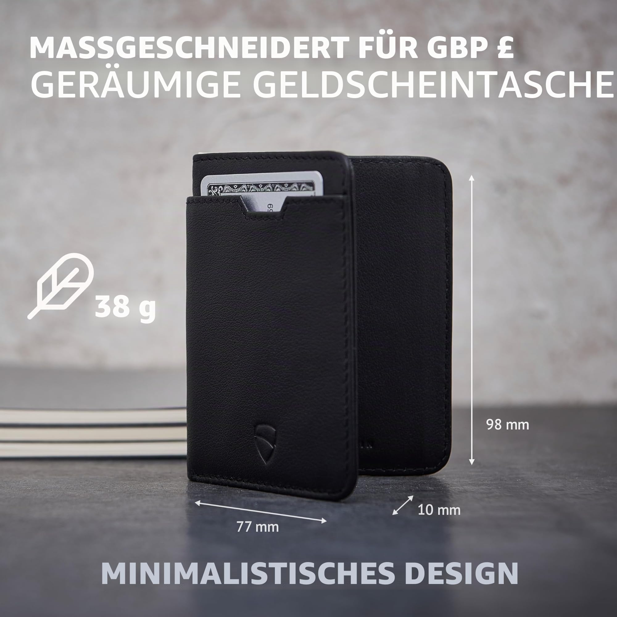 Vaultskin City Slim Leder Geldbörse Herren, Mini Portmonee, RFID (Schwarz) | Minimalistischer Geldbeutel und Wallet, 9 Karten, Euro-Scheine passen ungefaltet, Schutz vor unbefugtem Auslesen, Geschenkbox