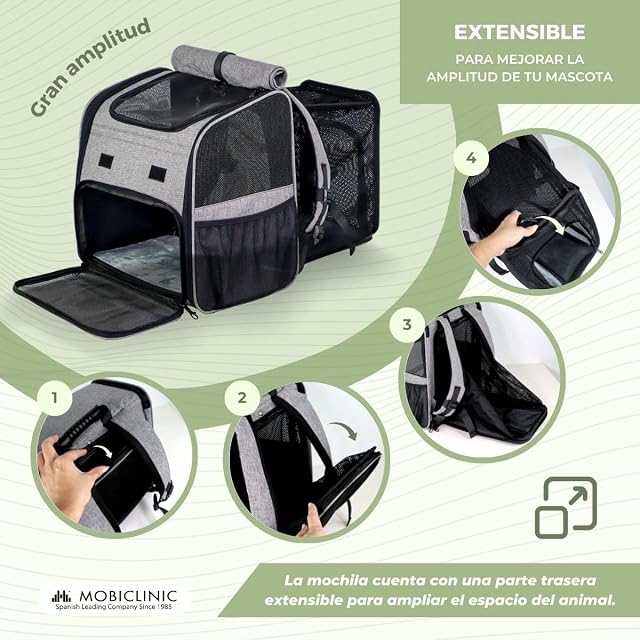 Foto 3 de 8 de Mobiclinic® Pets, Mochila para Mascotas. Tula, Plegable, Ventilación, Bolsillos, Incluye comedero y Bolsas