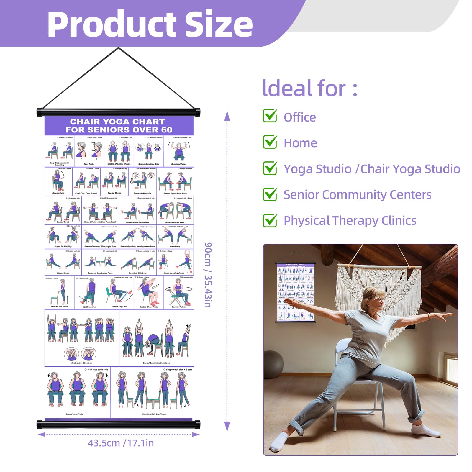 GiftNest Chair Yoga Wall Chart – 31 Poses for Seniors & Beginners – Fabric Poster with Hanging Rod & Rope – Durable, Foldable, and Easy to Display in Home or Office