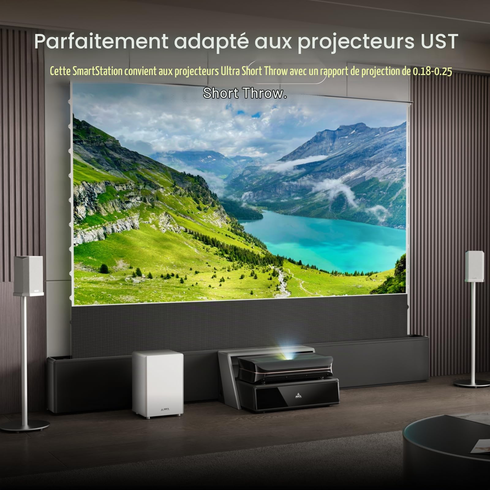 AWOL RGB Glow Station, Support/Base Universel pour Vidéoprojecteur à Ultra Courte Focale de 120", Éclairage Ambient RGB, LED à Télécommande, Gestion des Câbles et Bloc d'alimentation 4 Prises (120)