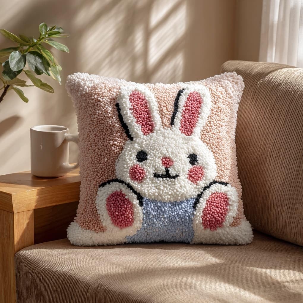 Henypt Latch Hook Cushion Making Set 17x17in,Animal Rabbit Beginner Friendly DIY Needlecraft Craft Kit for Adults,Ideal for Sofa & Bedroom