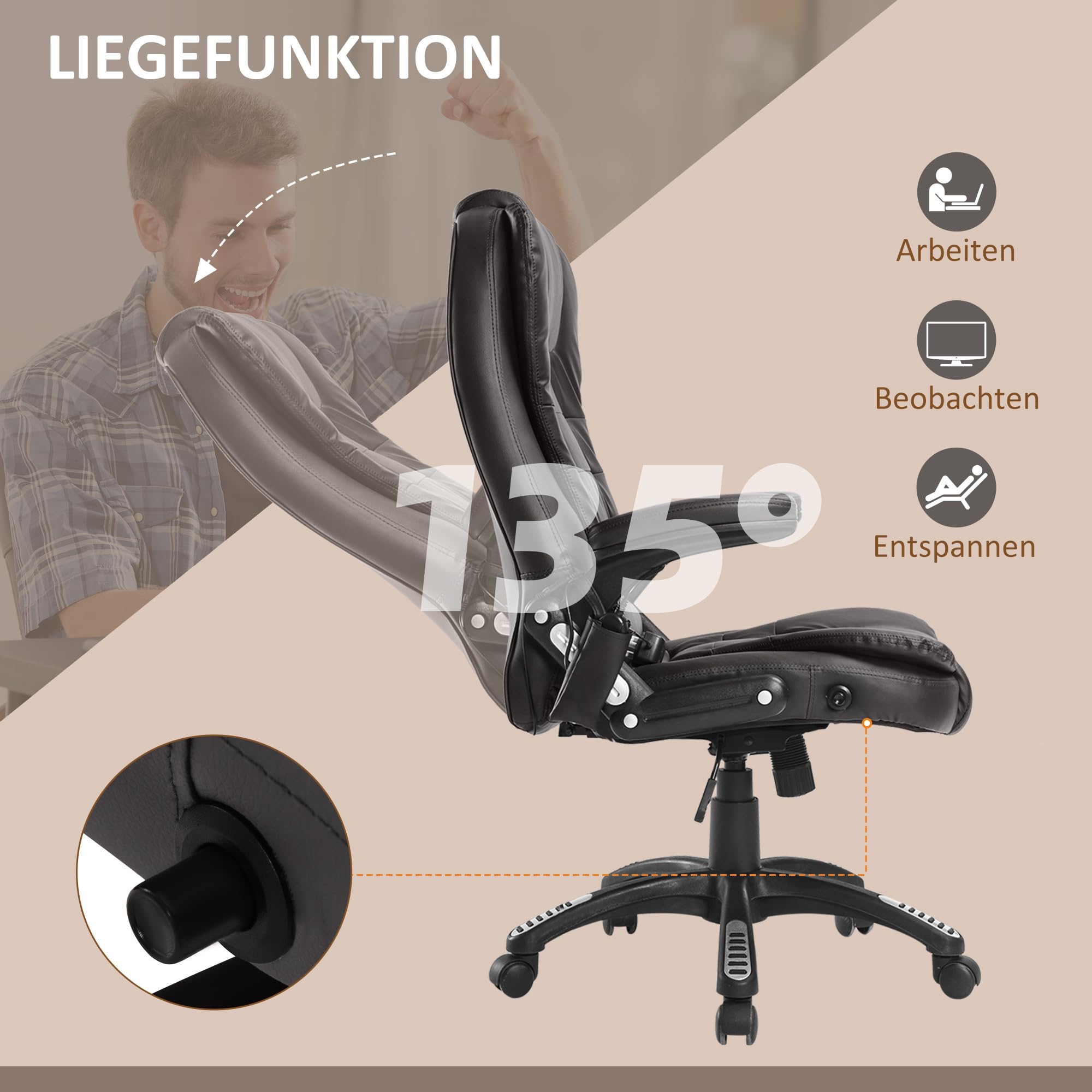 HOMCOM Bürostuhl mit Massagefunktion Ergonomischer Chefsessel, Braun | Ergonomischer Chefsessel, Liegefunktion, Wippfunktion, Höhenverstellbar, Schreibtischstuhl, Kunstleder