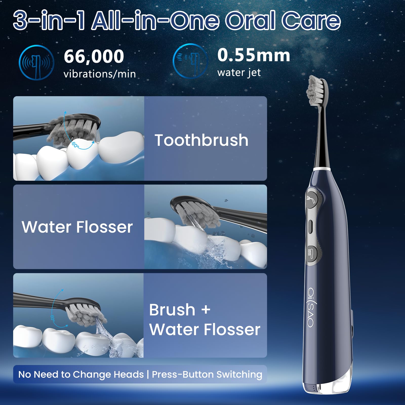 Spazzolino da denti professionale 3 in 1, con filo interdentale, vibra e oscilla (la prima tecnologia), spazzolino elettrico con idropulsore Equipe 5 testine, rimozione della placca per sensibilità