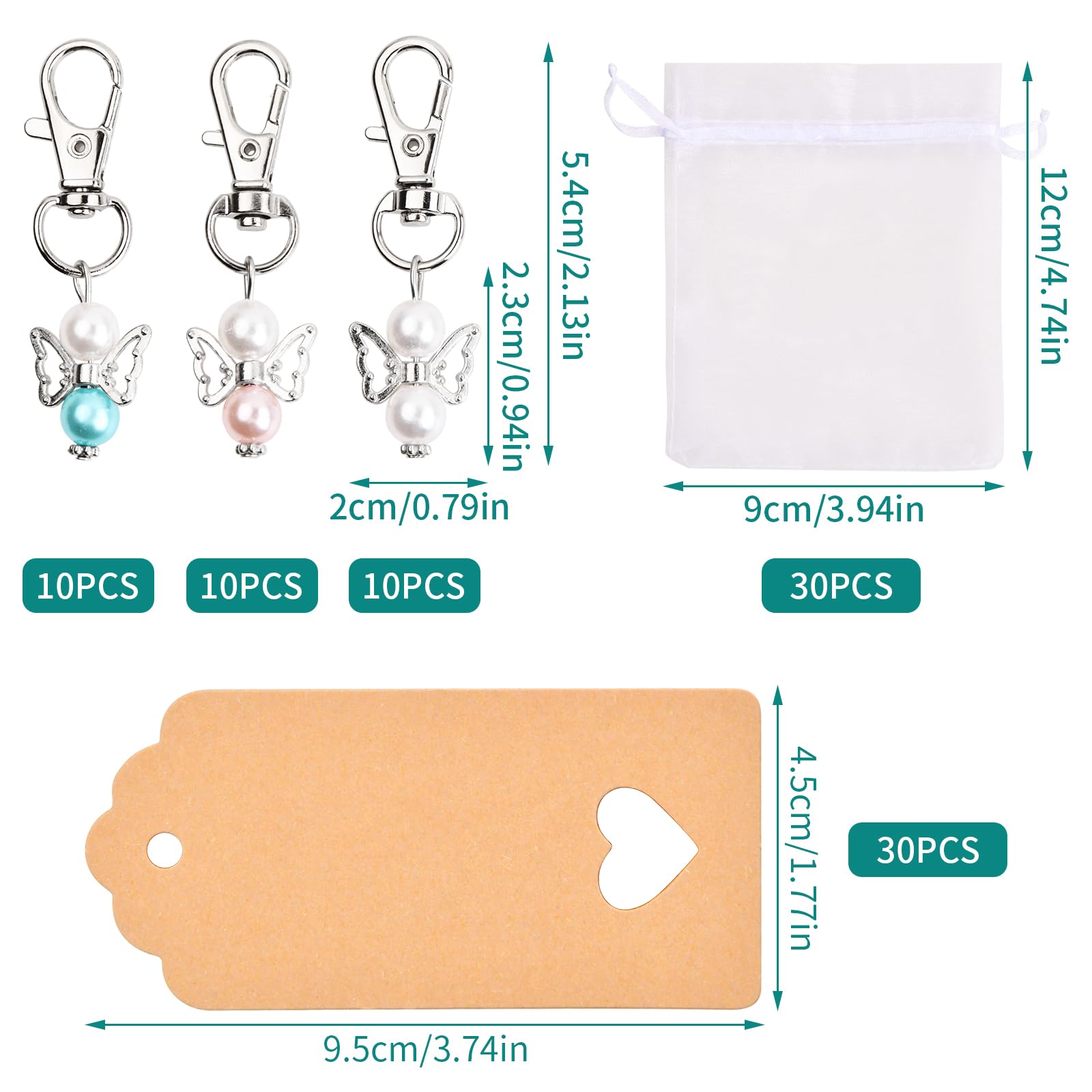 25 Porte-clés Anges Gardiens - Zinc + Sachets Organza + étiquettes Kraft - Cadeau Baptême, Communion
