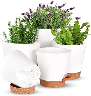 Plant Pots 5 Pack 7+6.5+6+5.5+5 inch, Self Watering Planters with Drainage Hole, Plastic Plant Pots Indoor Decorative Modern Planting for Various Plants, Planters for Indoor Plants