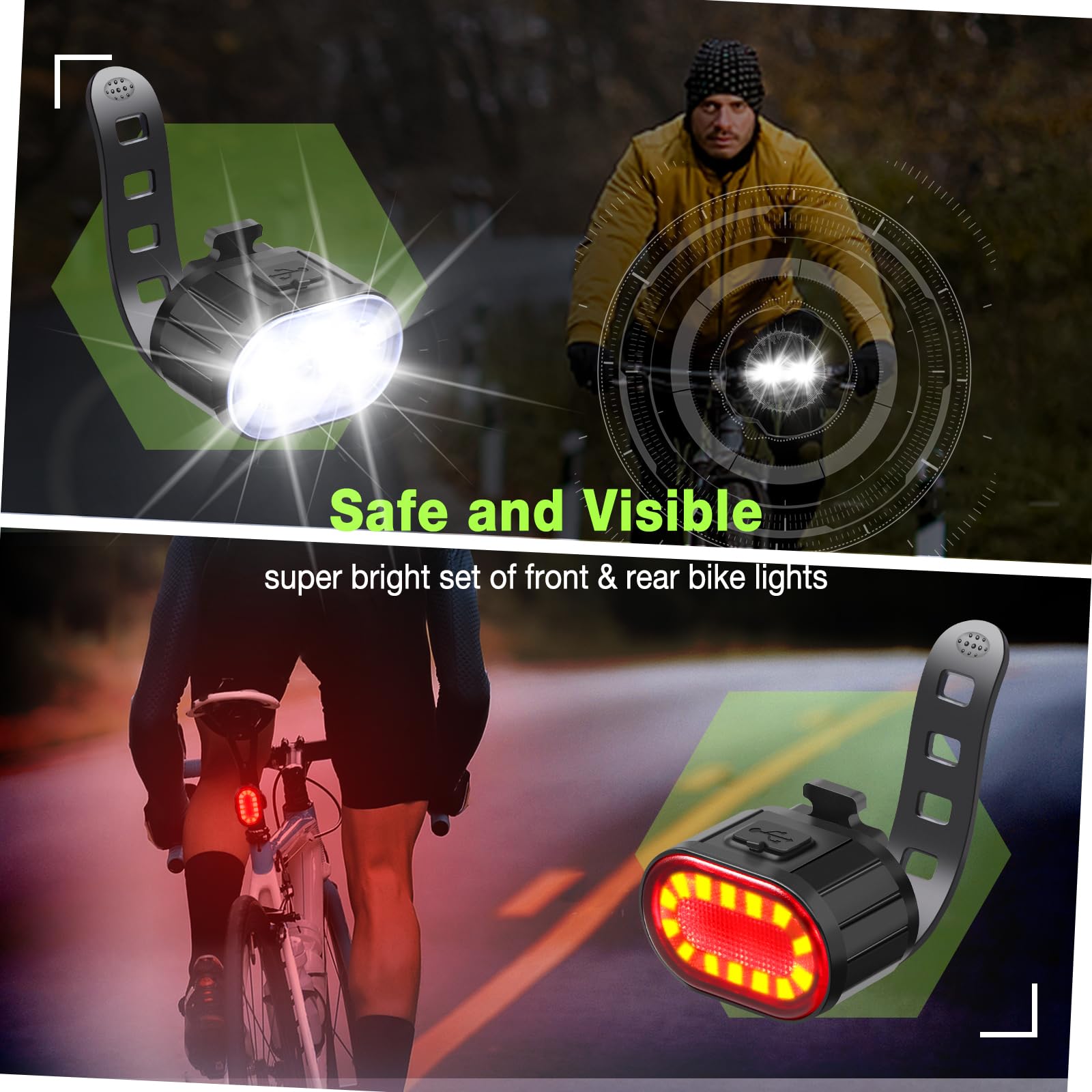 Oderra Luci Bicicletta LED Anteriore e Posteriore USB Ricaricabile IPX4 Impermeabile 4/6 Modalità per MTB Bici Skateboard