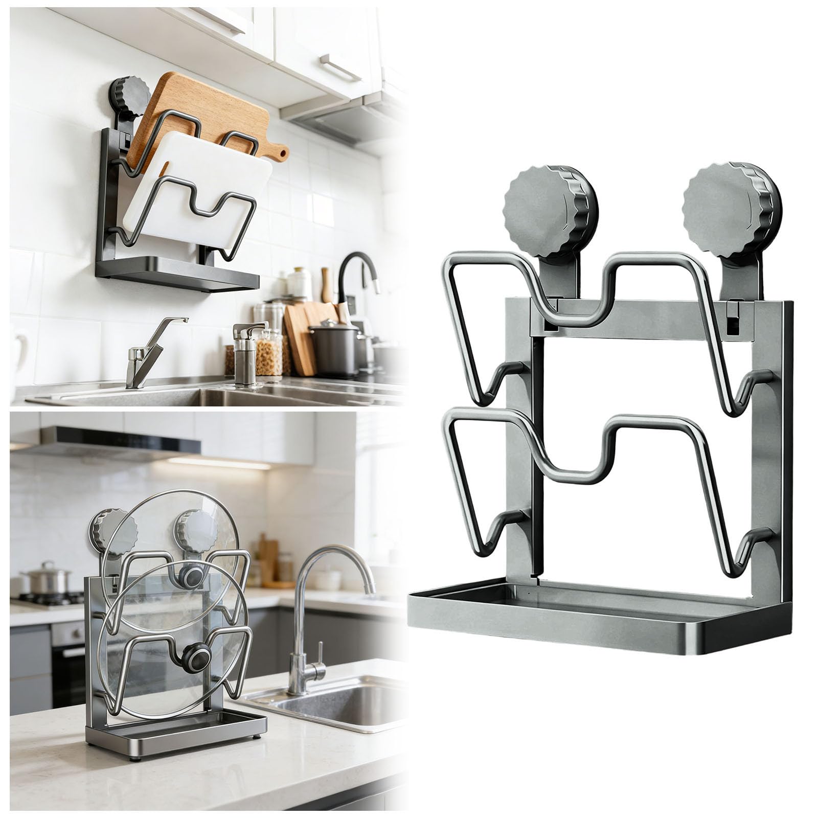 Estante de almacenamiento multifuncional para tapa de cocina, soporte vertical en forma de U con bandeja de goteo extraíble para encimera y estufa, tiene una función de almacenamiento de tapa 061486