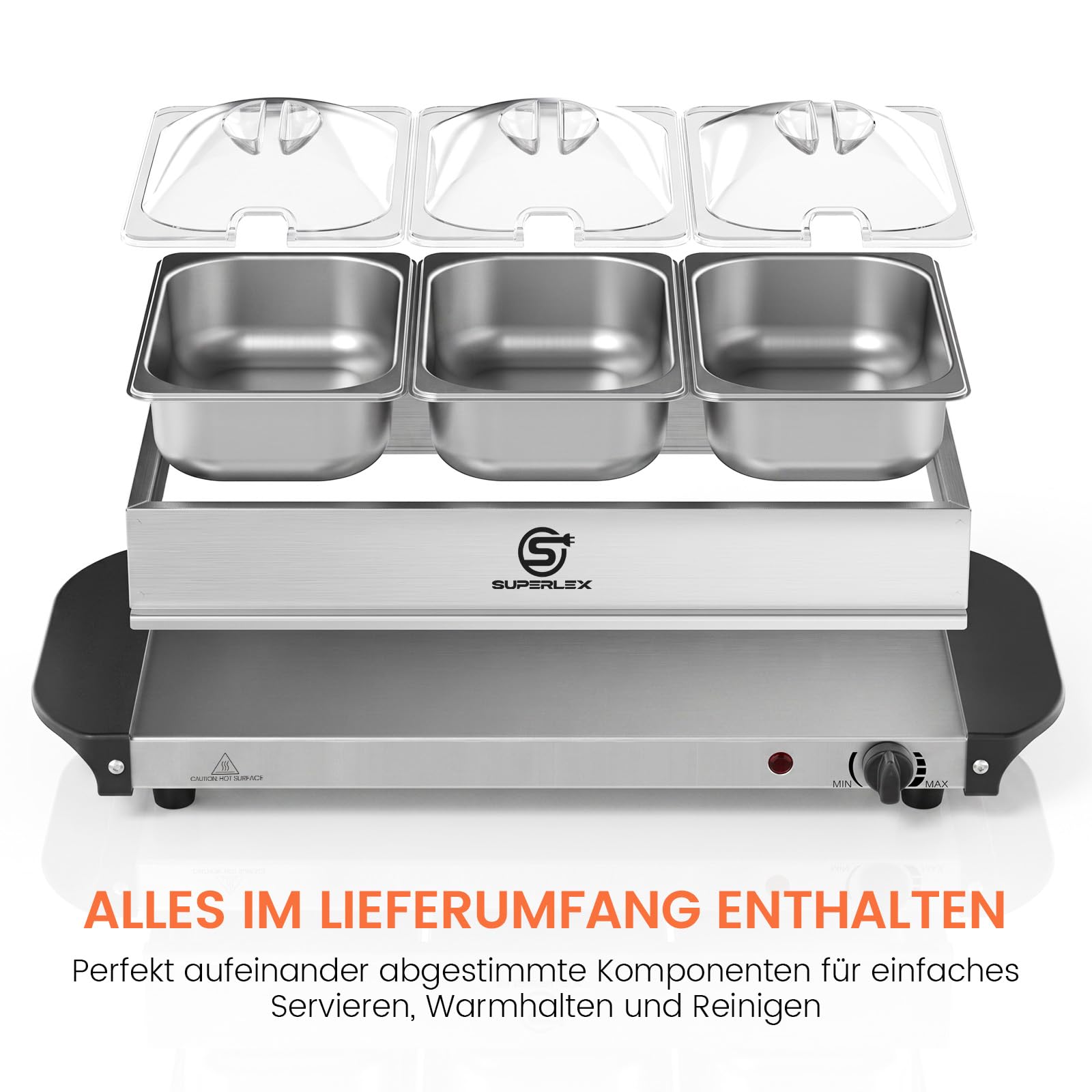 2in1 Warmhalteplatte und Buffetwärmer aus Edelstahl 200W mit 3x1,2L Speisebehältern Gleichmäßige Wärme Speisewärmer für Buffets Partys Familienessen Catering Events Kompakt Leicht Reinigung