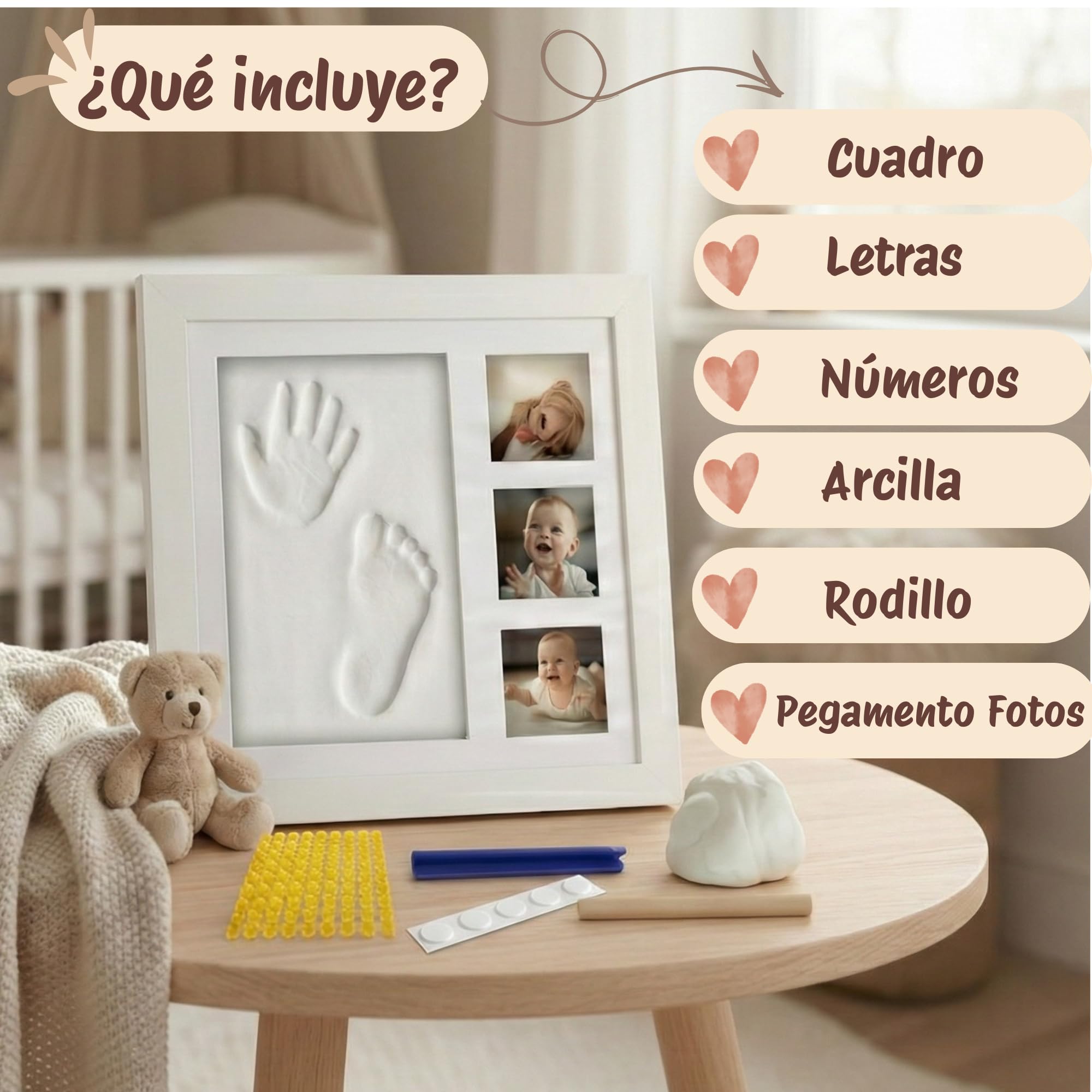 LUMS Marco Huellas Bebé Recién Nacido - Kit de Huella con Arcilla Flexible que No se Agrieta - Madera Blanca de excelente acabado, Regalo Bebé Recién Nacido Original