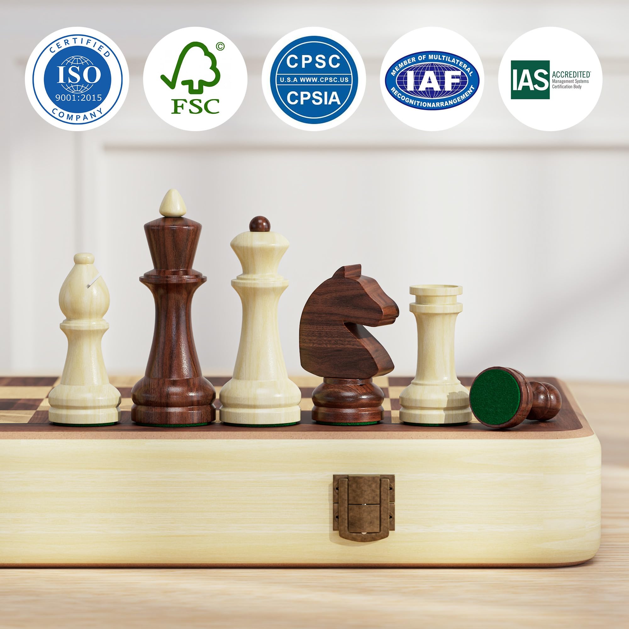 Juego de ajedrez y damas plegable de madera de 38 cm, juego de mesa 2 en 1, figuras King Staunton de 7,6 cm, 2 damas adicionales