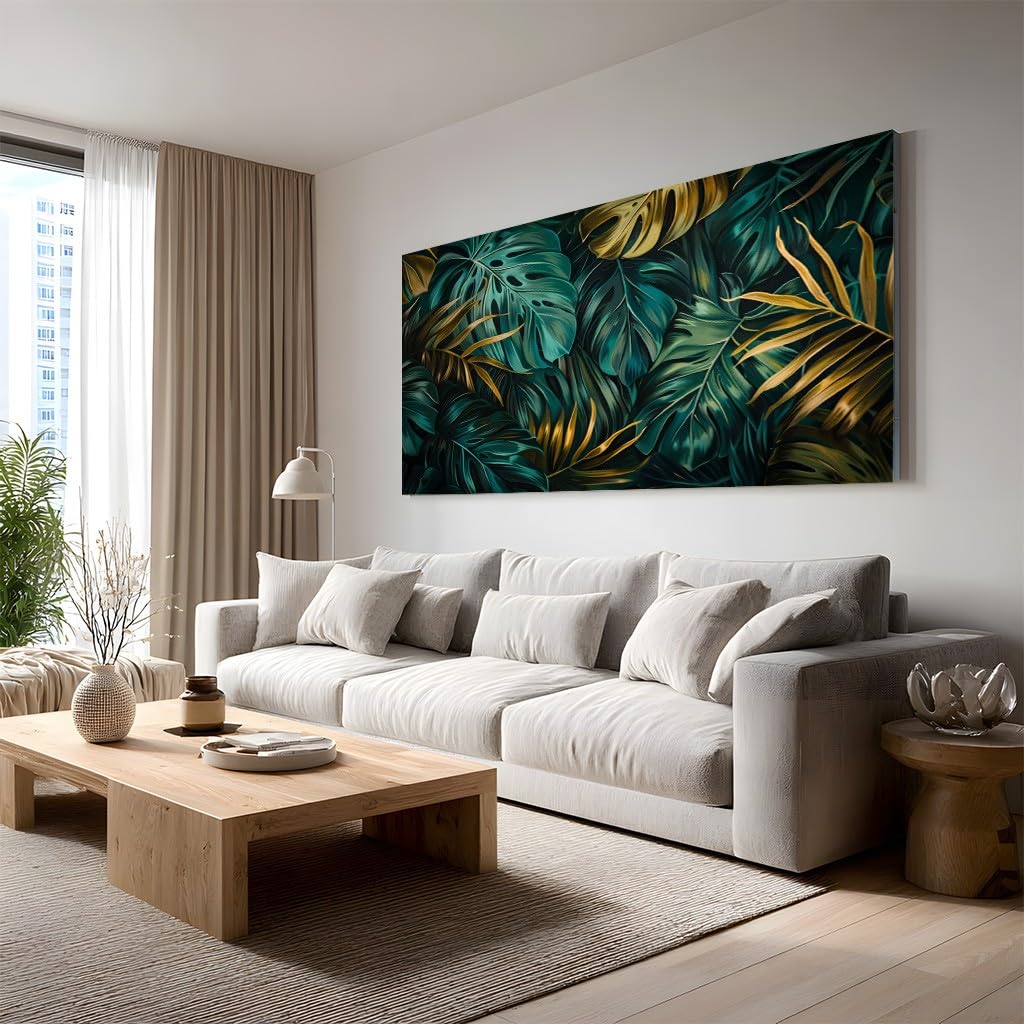 Wandbild Groß XXL Dschungel Fensterblatt Leinwandbilder Rahmen Botanisch | Palmblätter Bilder für Wohnzimmer & Schlafzimmer Luxuriöse Goldene Blätter Foto auf Leinwand Wanddekoration 60x120cm