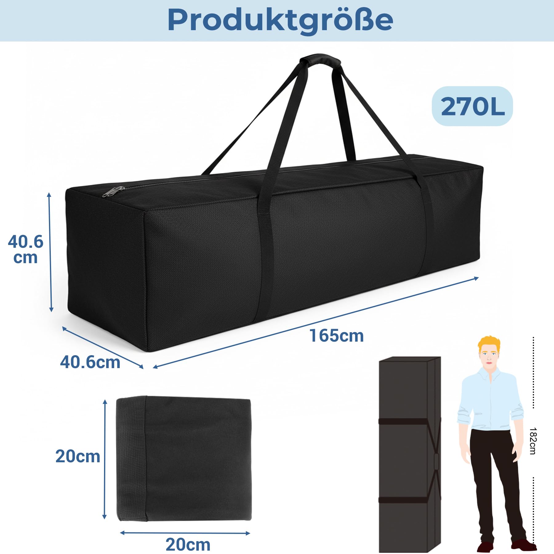 INFANZIA Sac de sport, sac de voyage extra large avec fermeture éclair améliorée, Noir , 270L (165x40x40cm), Sac de sport extra large