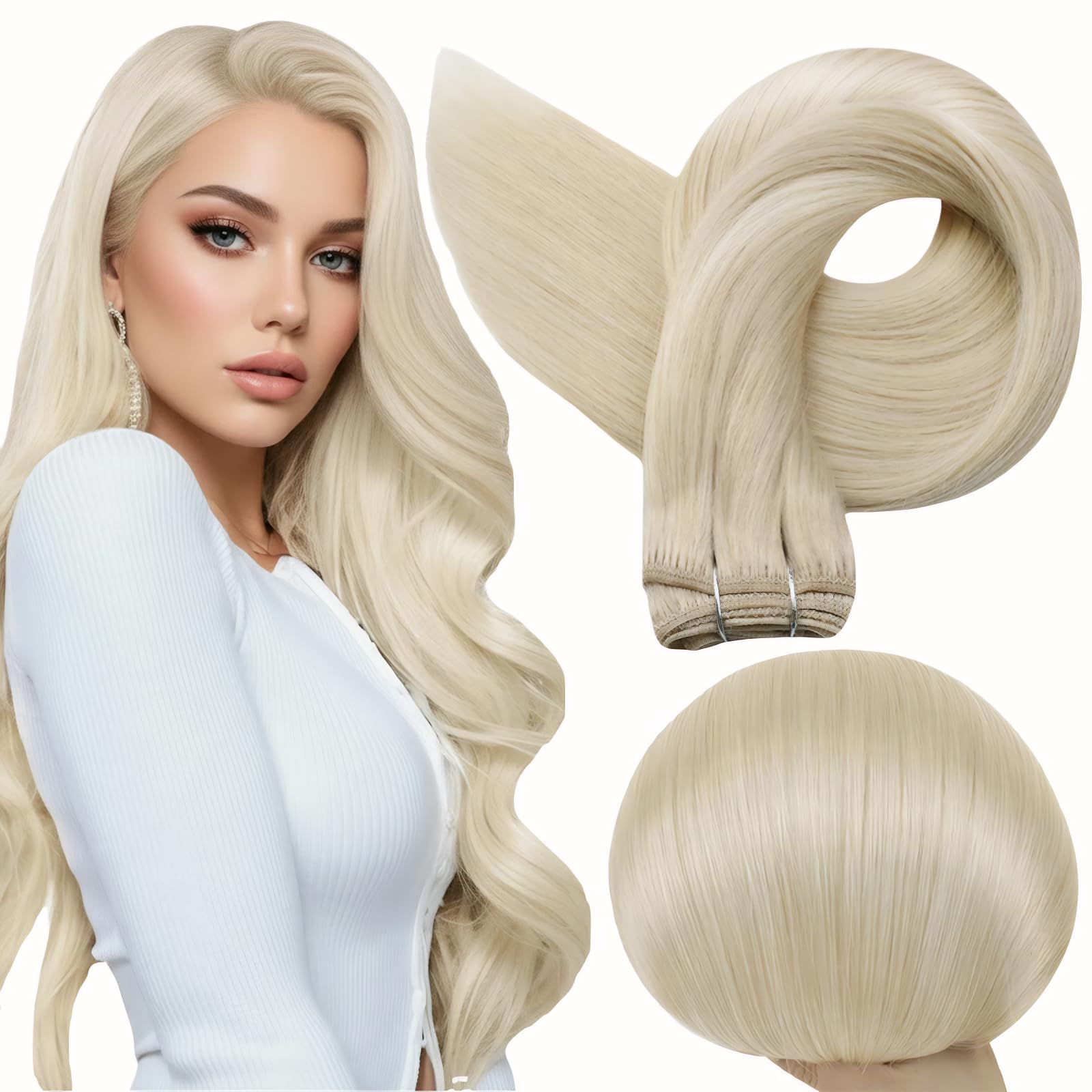 Full Shine Hair Extensions 24 Inch Weft Hair Extensions Human Hair Color Platinum Blonde Extensions Sew In Extensions Real Human Hair Remy Human Hair Weft 105G