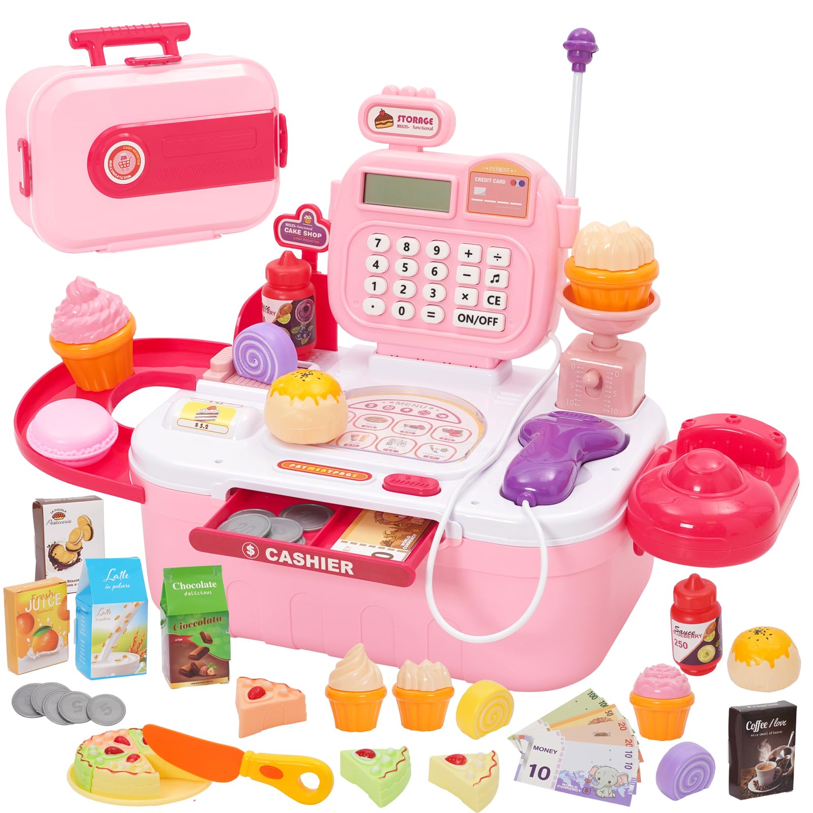Toy Cash Register, 44 Pcs Pretend Play Playset with Scanner, Calculator, Weighing Machine & Microphone. Includes Fake Dessert, Drink & Tableware, Pretend Play Money (Pink) (Pink)