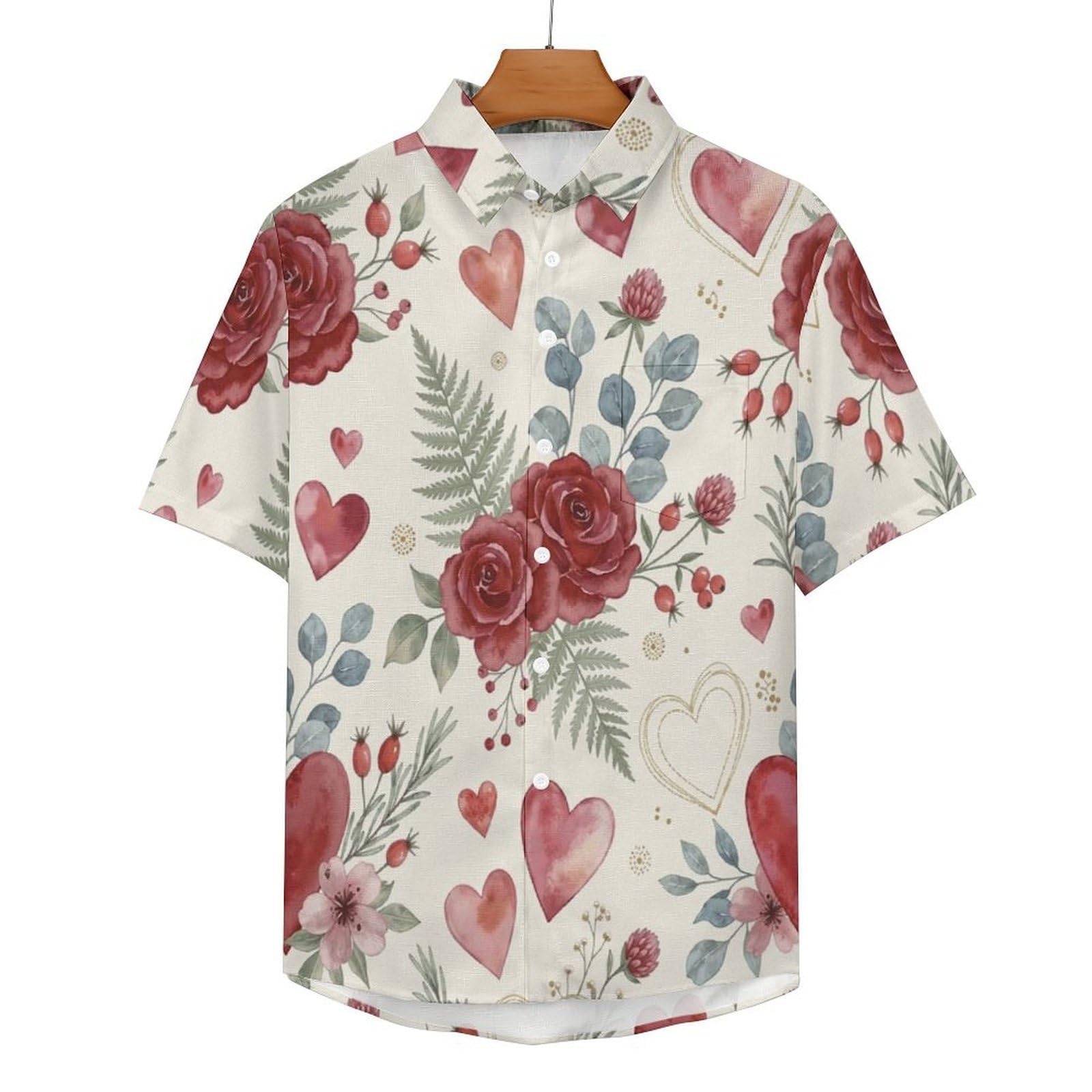 Camicie da Uomo a Maniche Corte con Stampa della Rose Fiori Ad Acquerello, Casual Leggere Bottoni Camicia con Tasca Frontale, per Vacanze Spiaggia Estate