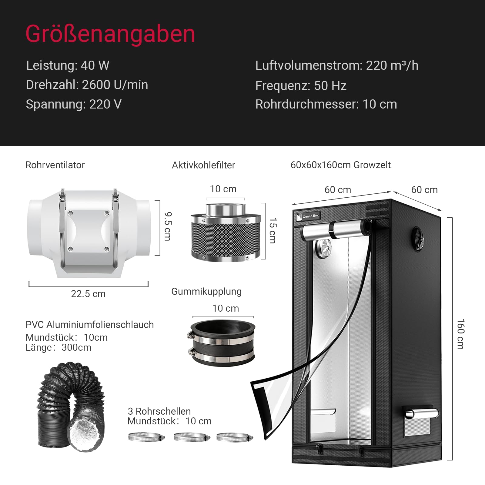 Pro Growzelt Komplettset mit Growzelt 60x60x160 cm und Regelbar Rohrventilator 100mm Set Belüftungssystem Transparente Schicht Indoor Grow Zelt Komplett Set für Hydrokulturen