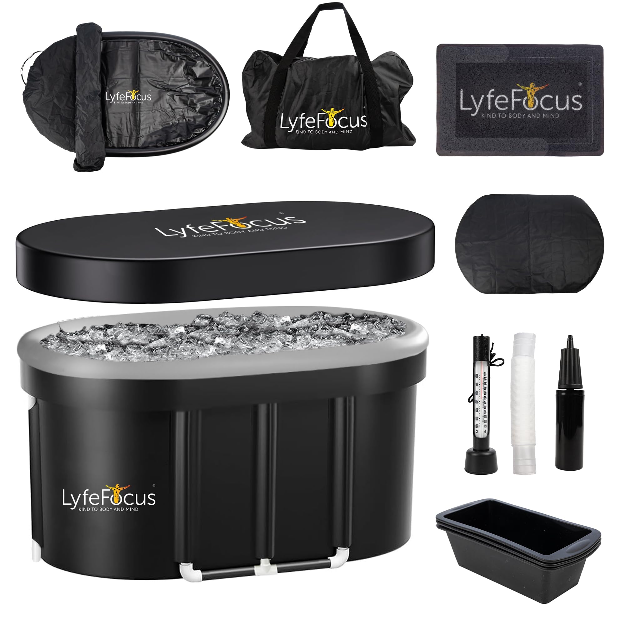 LyfeFocus Cold Therapy Tub - Recovery Ice Bath Pod with Thermometre, Lid, Groundsheet and Reusable Ice Blocks (Black Base, White Top, XLarge 120cm)
