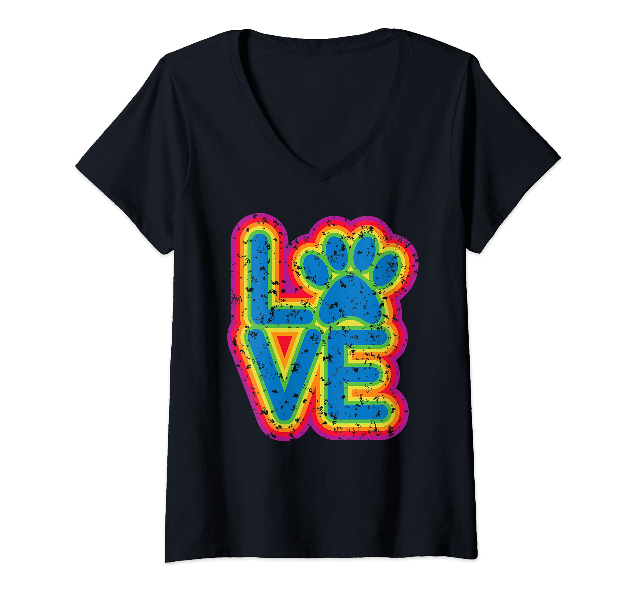 Womens I LOVE Pets Cat Dog Animal Distressed Paw Print Design V-Neck T-Shirt, Black