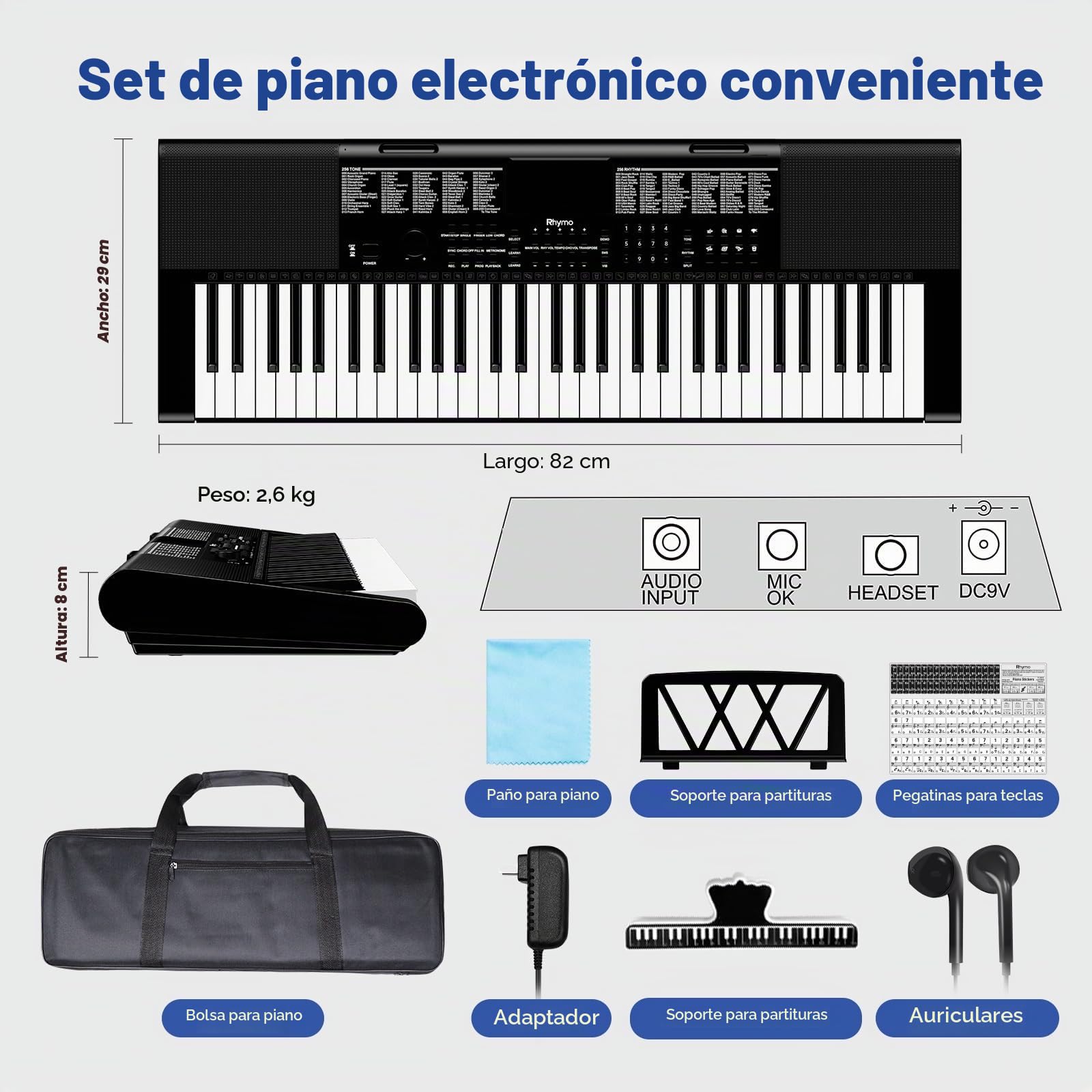 Piano de teclado de 61 teclas para niños, principiantes y adultos con soporte de partituras, calcomanías de notas de piano, micrófono, 255 voces, 255 ritmos, teclado de música electrónica, alimentado