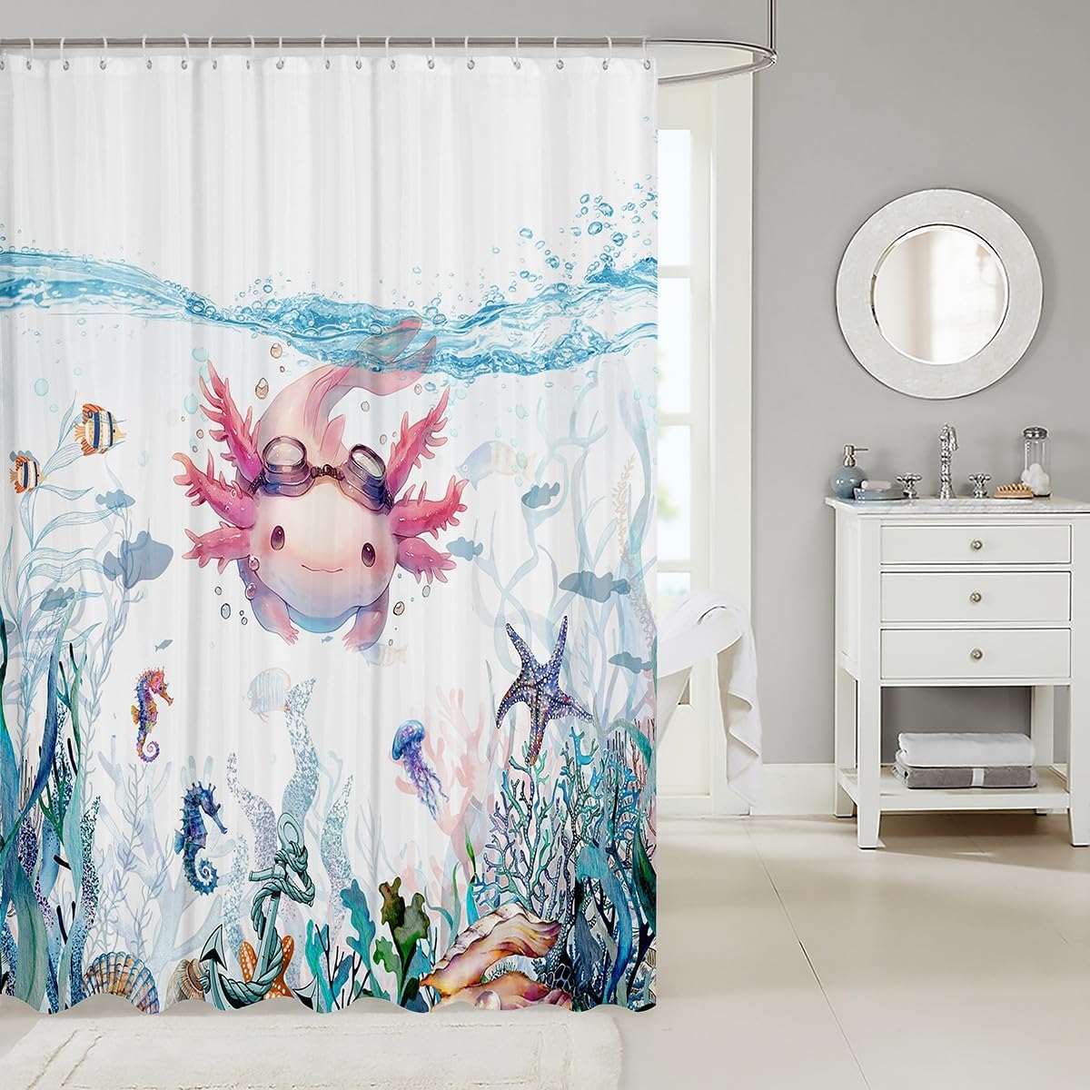 Feelyou Cute Axolotl Shower Curtain 72"x78" Cartoon Salamander Bath Curtain for Toddler Boys Girls Kawaii Ocean Sealife Bathroom Shower Curtain Set Reptile Animal Kids Bathroom Accessories