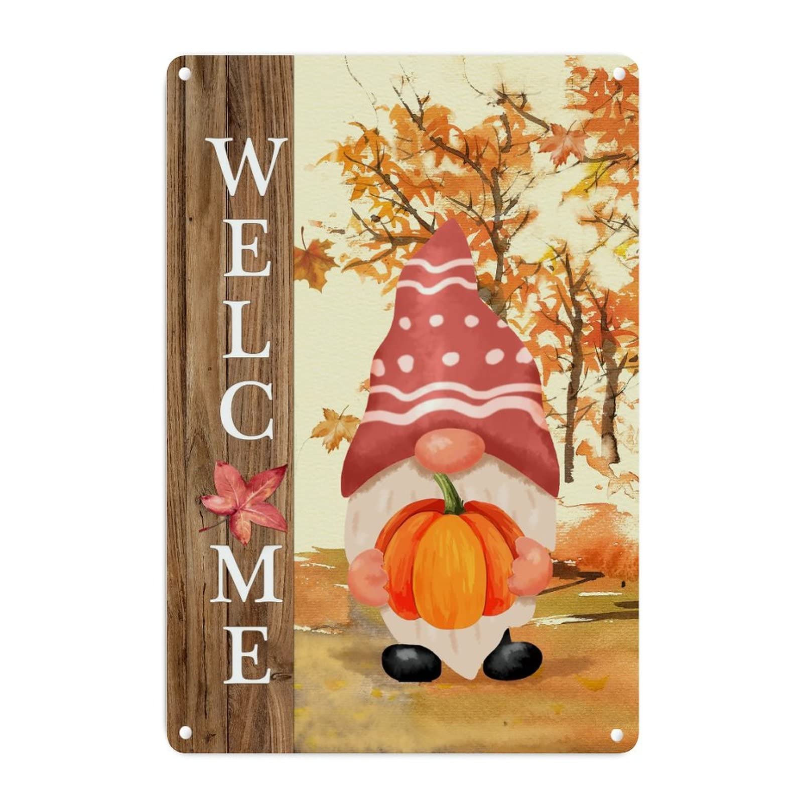Plaque bienvenue en métal nain d'automne et citrouille 45x30 cm
