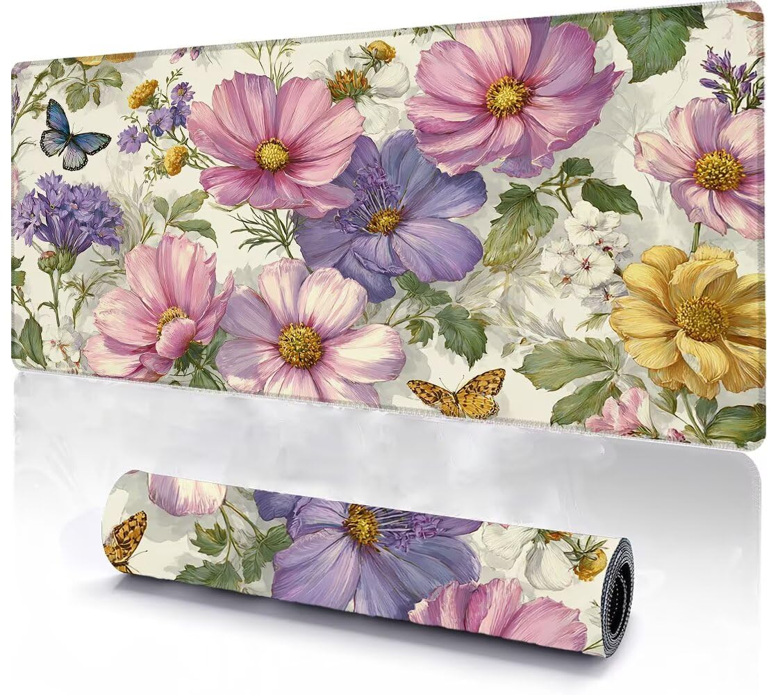 Alfombrilla Ratón XXL 1600x800x3 mm Mouse Pad Grande Gaming Flores Alfombrilla Escritorio,con Base de Goma Tapete Escritorio con Bordes Cosidos, Impermeable Antideslizante Ordenador Desk Mat zj-913