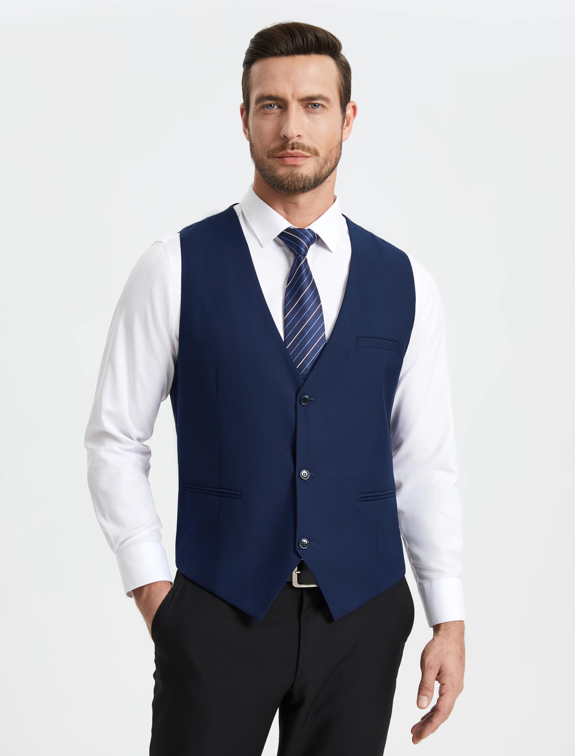 HISDERN Gilet Costume Homme Sans Manches Col en V Ajustable Respirant Léger Formelle Classique Élégante Gilets Hommes avec 3 Boutons Poches pour Bureau Mariage Cérémonie Voyage Taille Régulière S-4XL