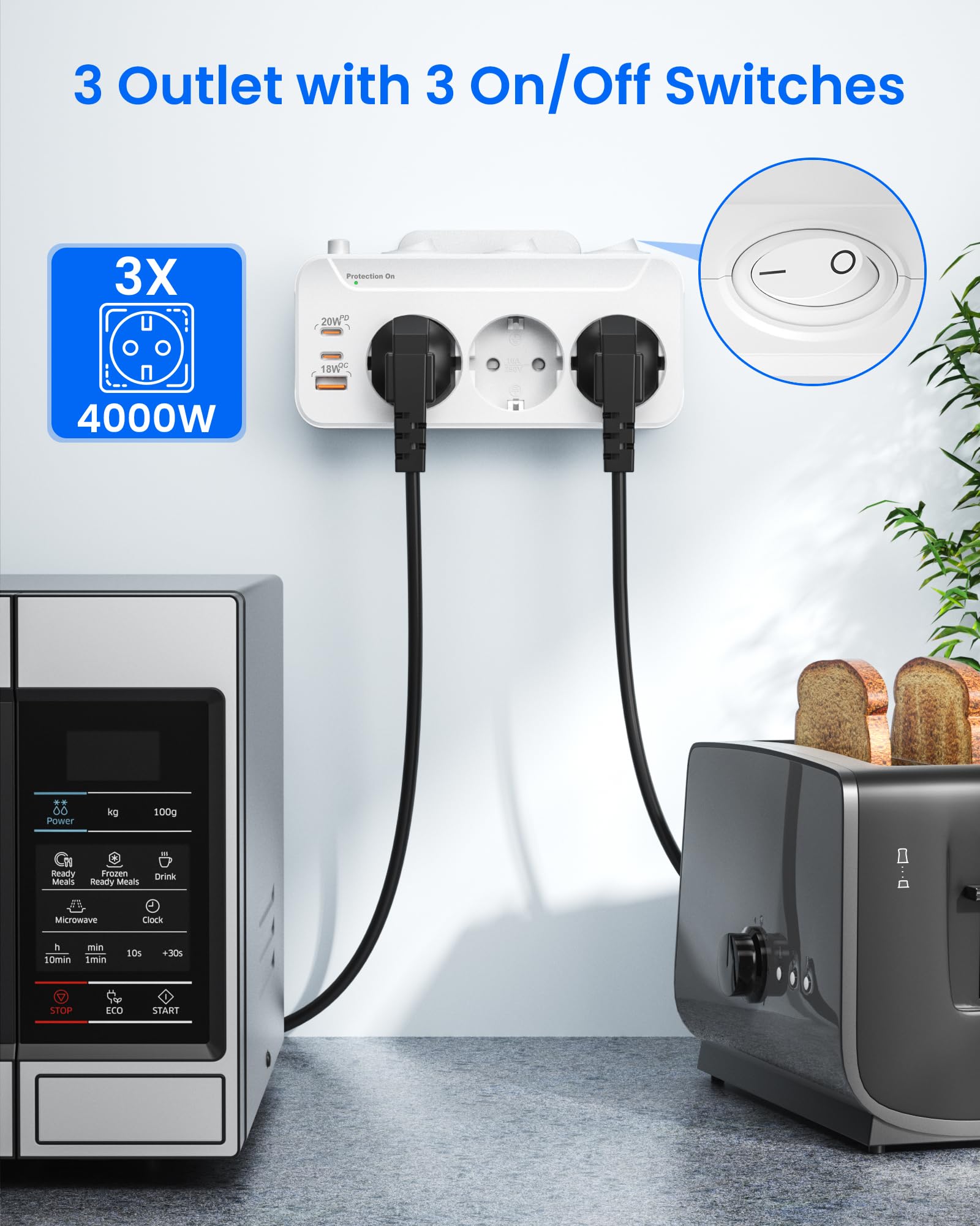 Ladron Enchufes USB C,Regletas Enchufes Pared Carga Rápida PD20W y QC18W,Enchufe Multiple 3 Tomas,Vertical Trifasico Enchufe con Interruptor,Adaptador Enchufe Triple Proteccion Sobretension,Blanco