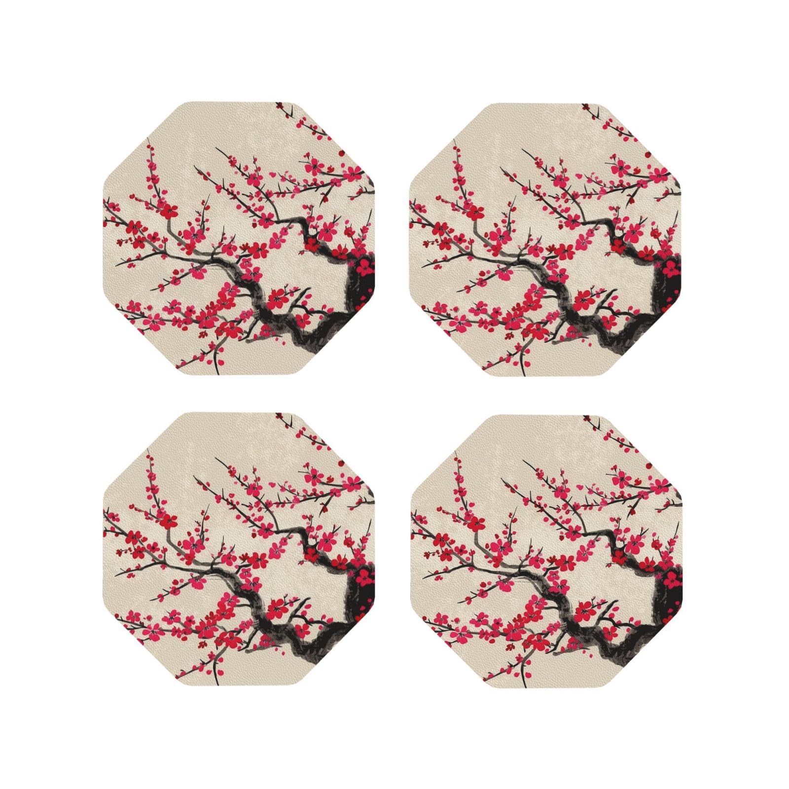 4Pcs PU Leather Coaster for Drinks, Japanese Floral Cherry Blossom Cup Coastersr 4" Cup Mat Pad, Aesthetic Drink Coasters for Coffee Table, Octagon Coaster for Tabletop Protection