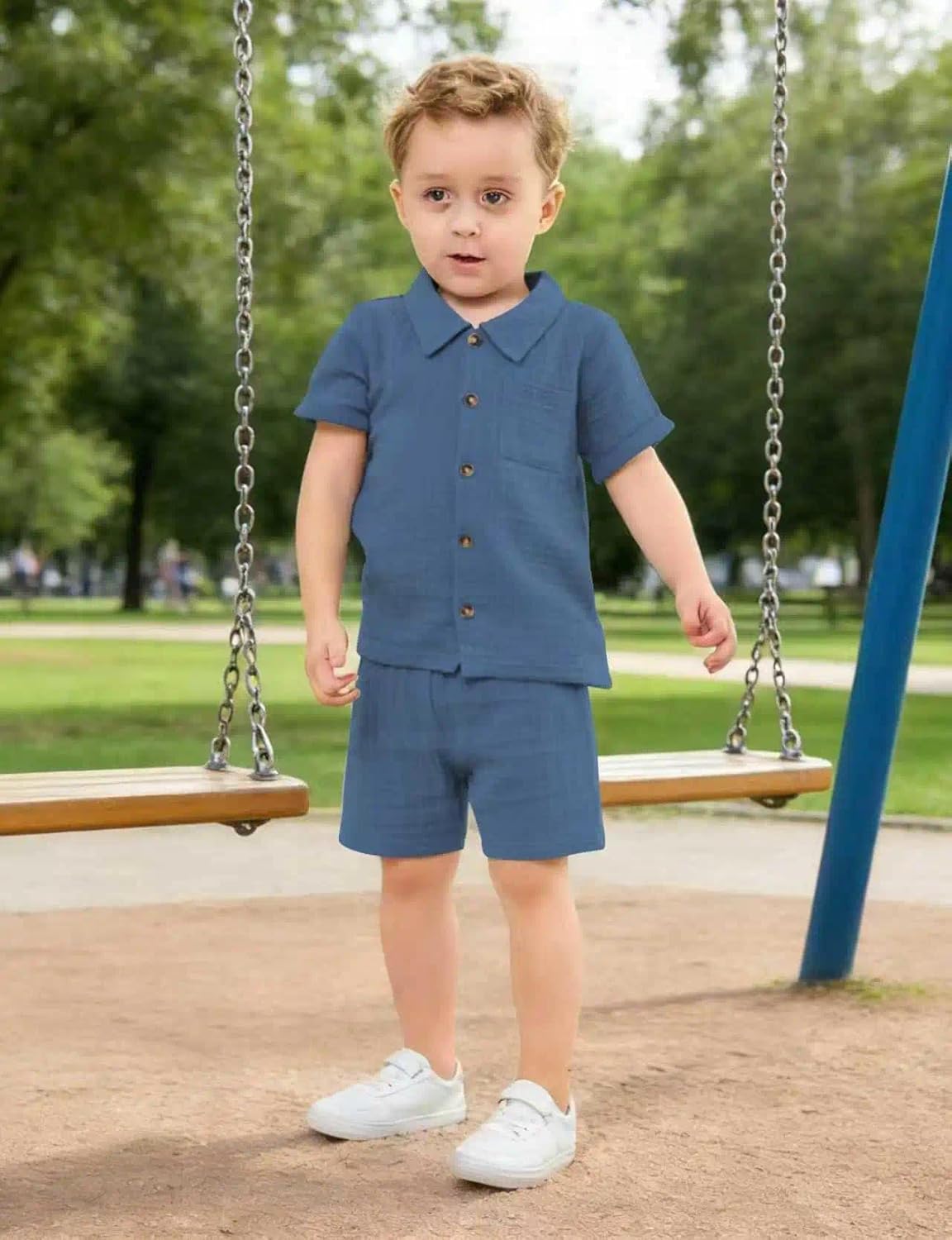 Jimonda Baby Boys Cotton Gauze Shirt/Shorts Sets Outdoor Toddler Button-down Clothes Set Summer Short Sleeve Outfit 2PC - Image 5