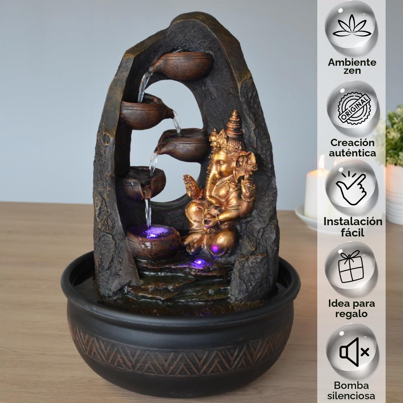 Zen Light SCFR1798 - Fuente de Interior con Bomba e iluminación LED, Resina, marrón, Talla única