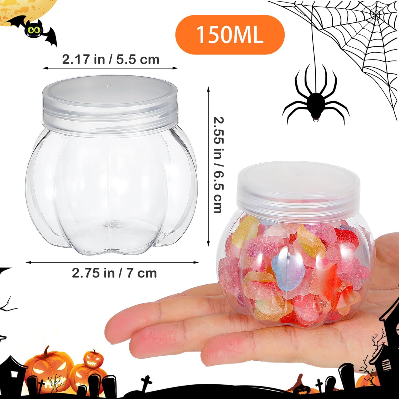 DOITOOL Lot de 12 pots à bonbons en plastique transparent en forme de citrouille d'Halloween - 150 ml - Joli pot de rangement pour biscuits d'Halloween - Décoration de fête d'Halloween