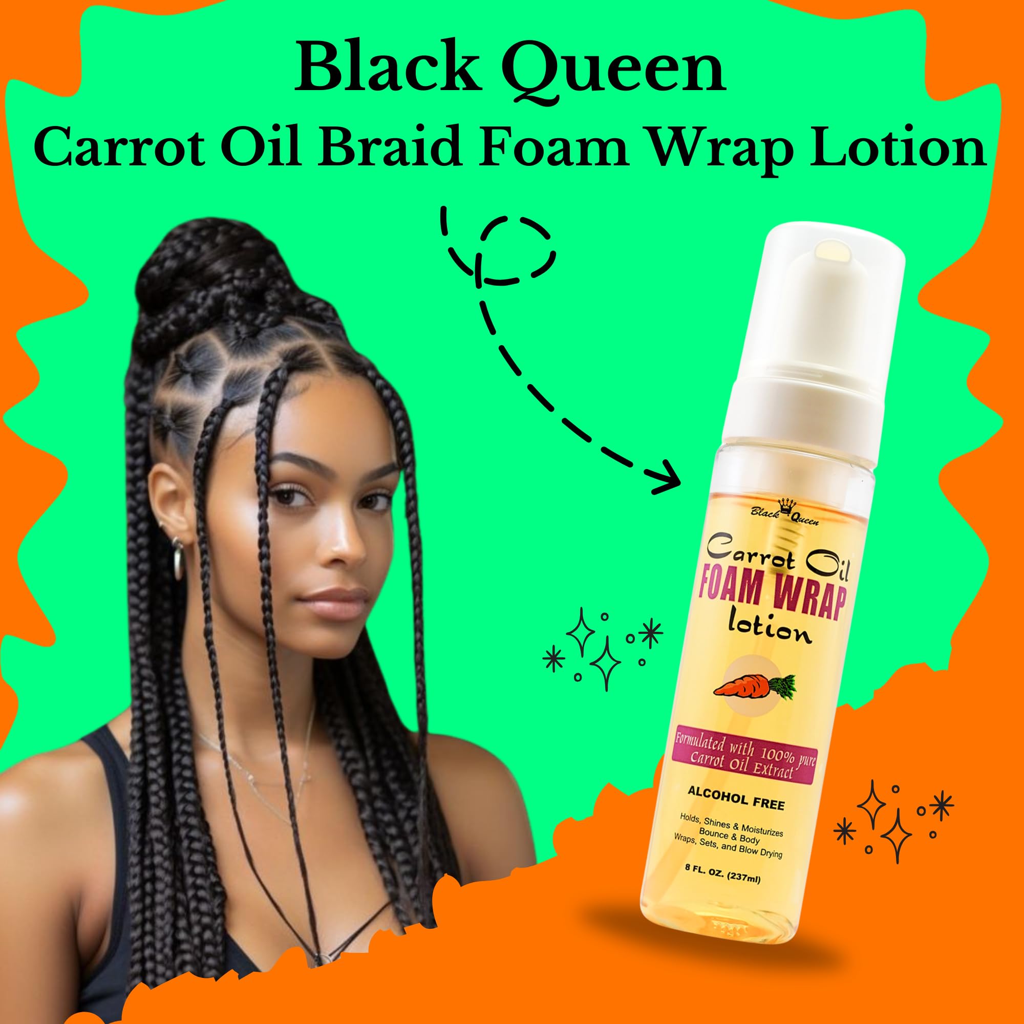 Black Queen Carrot Oil Foam Wrap Lotion- Extra Hold, No Flake, High Shine, Moisturizing, Lightweight - For Braids, Twists, Locs - Made in USA (pack of 2, 8 oz)