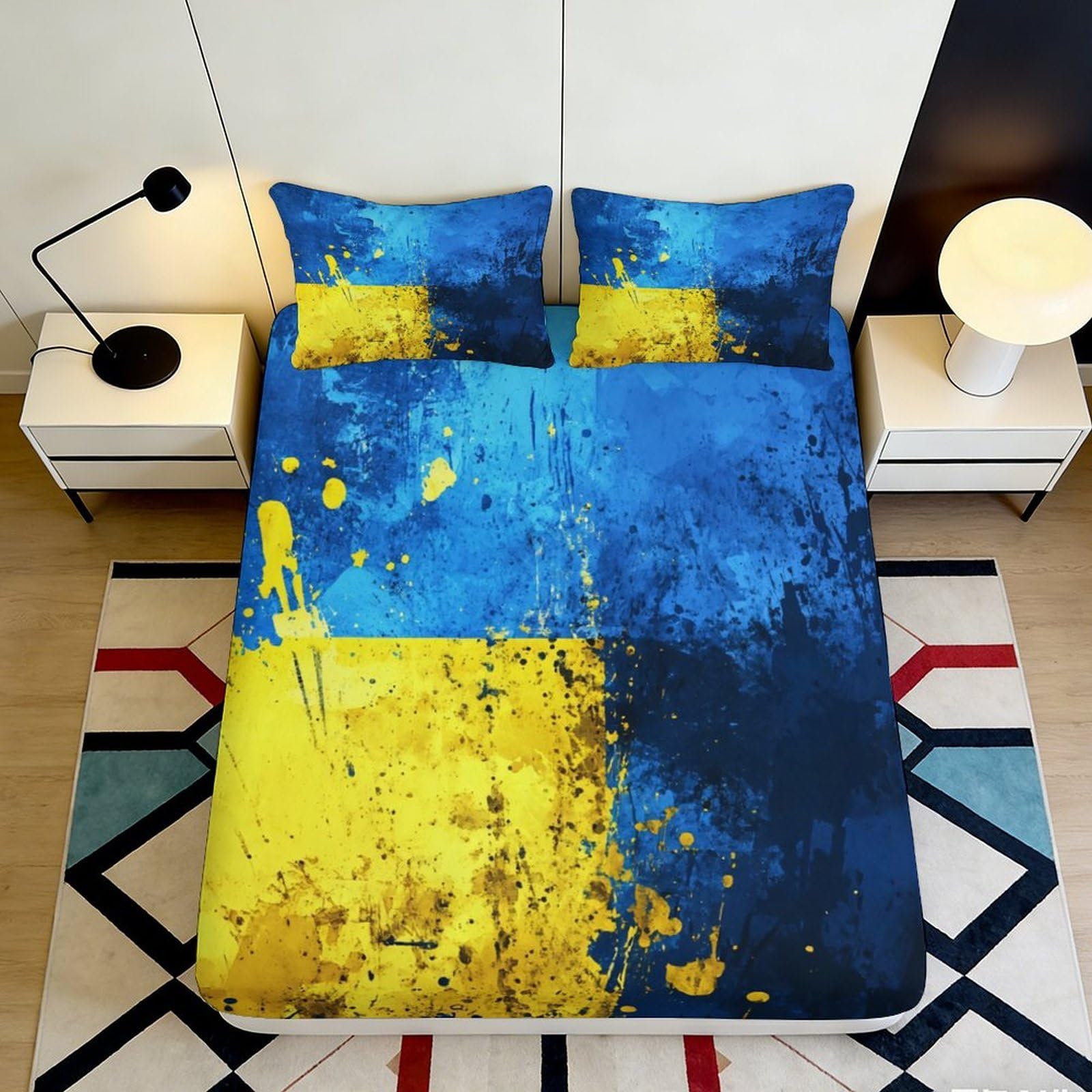 3D Printed Abstract Blue Yellow Fitted Sheet Microfiber Soft Modern Splash Bed Sheet for Bedroom Guest Room Decor 90x200x25cm