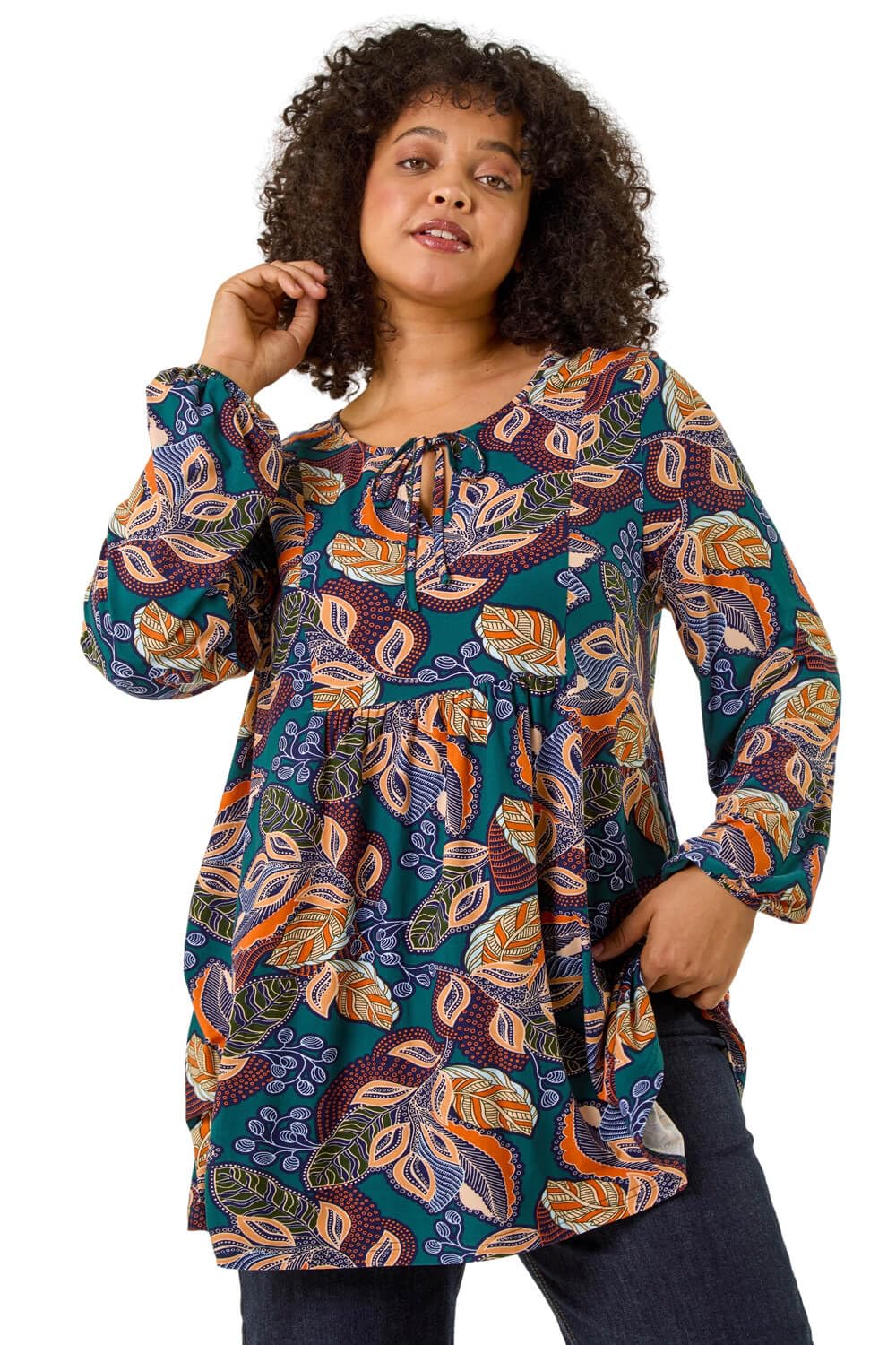 Roman Curve Floral Gathered Tie Front Top for Women UK - Ladies Everyday Autumn Winter Round Neckline Comfy Soft Evening Vacation Work Party Night Out - Teal Plus - Size 20