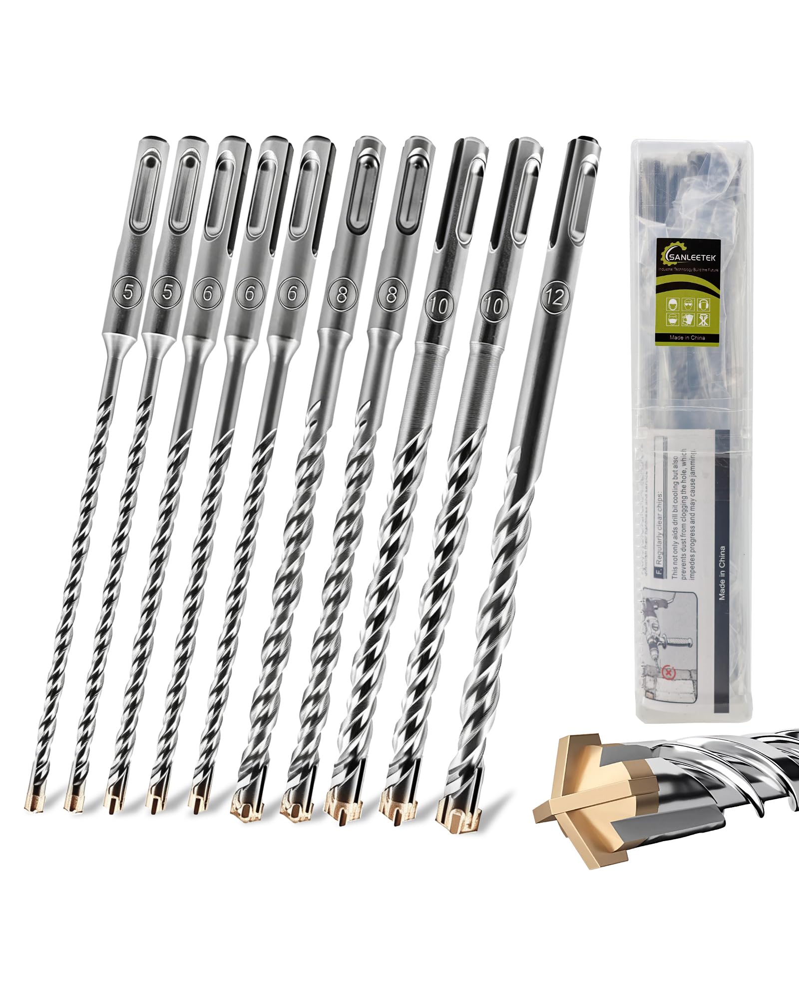 SDS Plus 10PCS 160mm Drill Bits for Concrete Drill Bit SDS Plus for Hammer for Masonry Brick Granite Concrete Block, 5 x 2+6 x 3+8 x 2+10 x 2+12 mm