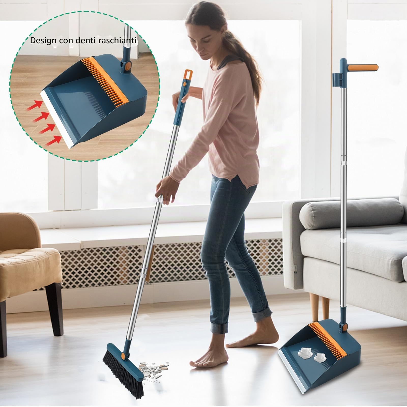 Set scopa e paletta con denti a pettine, antivento, manico lungo verticale, kit per la pulizia e la spazzatura della casa