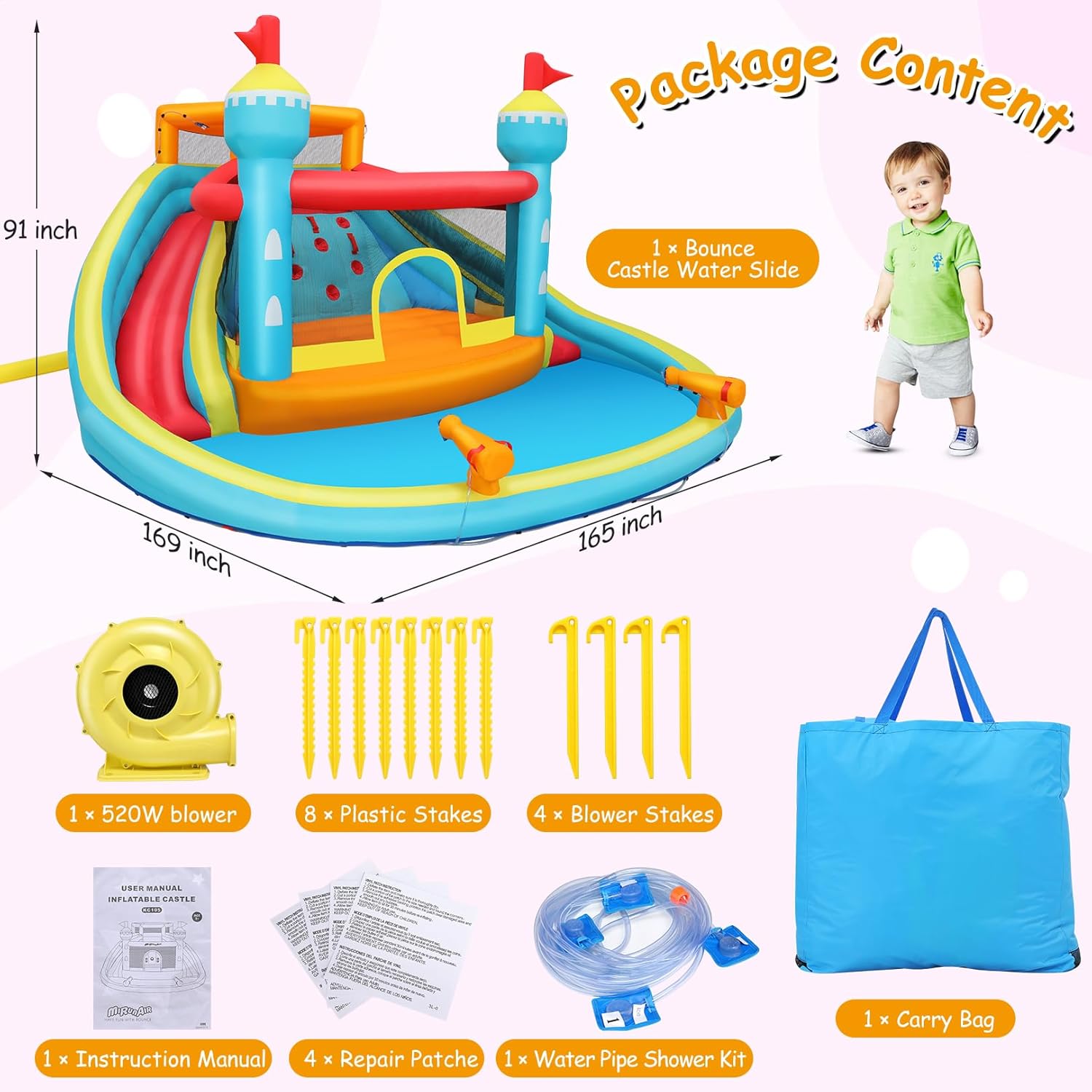 Inflatable Water Slide Bounce House, 14.1x13.8x7.5FT Double Lane Mega Waterpark w/Large Climbing Wall, 2 Water Cannon & Giant Splash Pool for Outdoor Backyard Party Gifts w/Storage Bag & 520W Blower