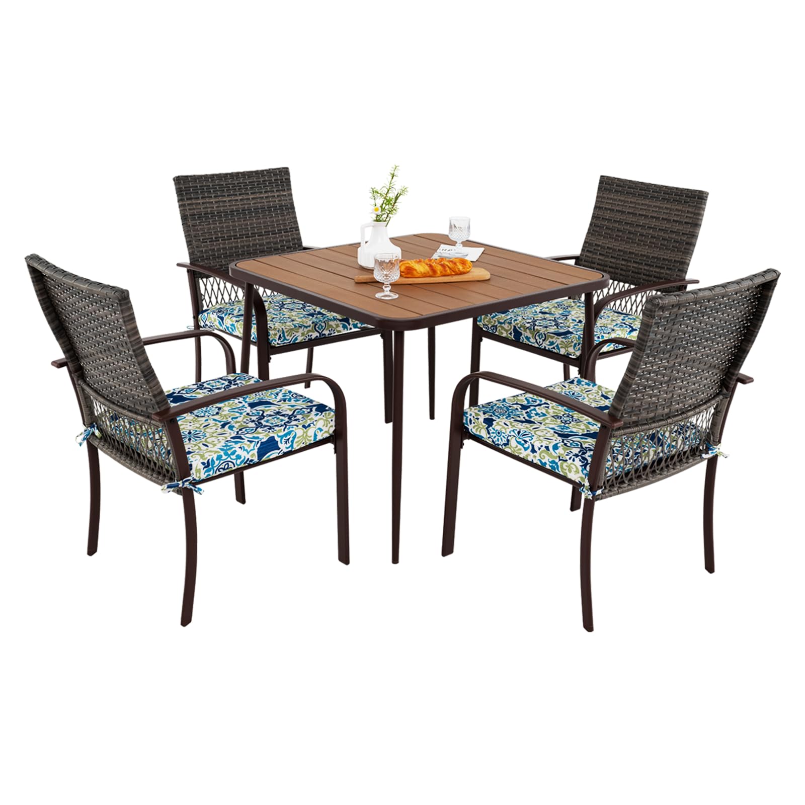 LIFEZEAL Conjunto de Muebles de poliratán, Mesa Centro de jardín con 4 sillas, Juego de Muebles de Comedor Exterior con Cojines y Orificio para sombrilla, para terraza, balcón, Zona de Piscina