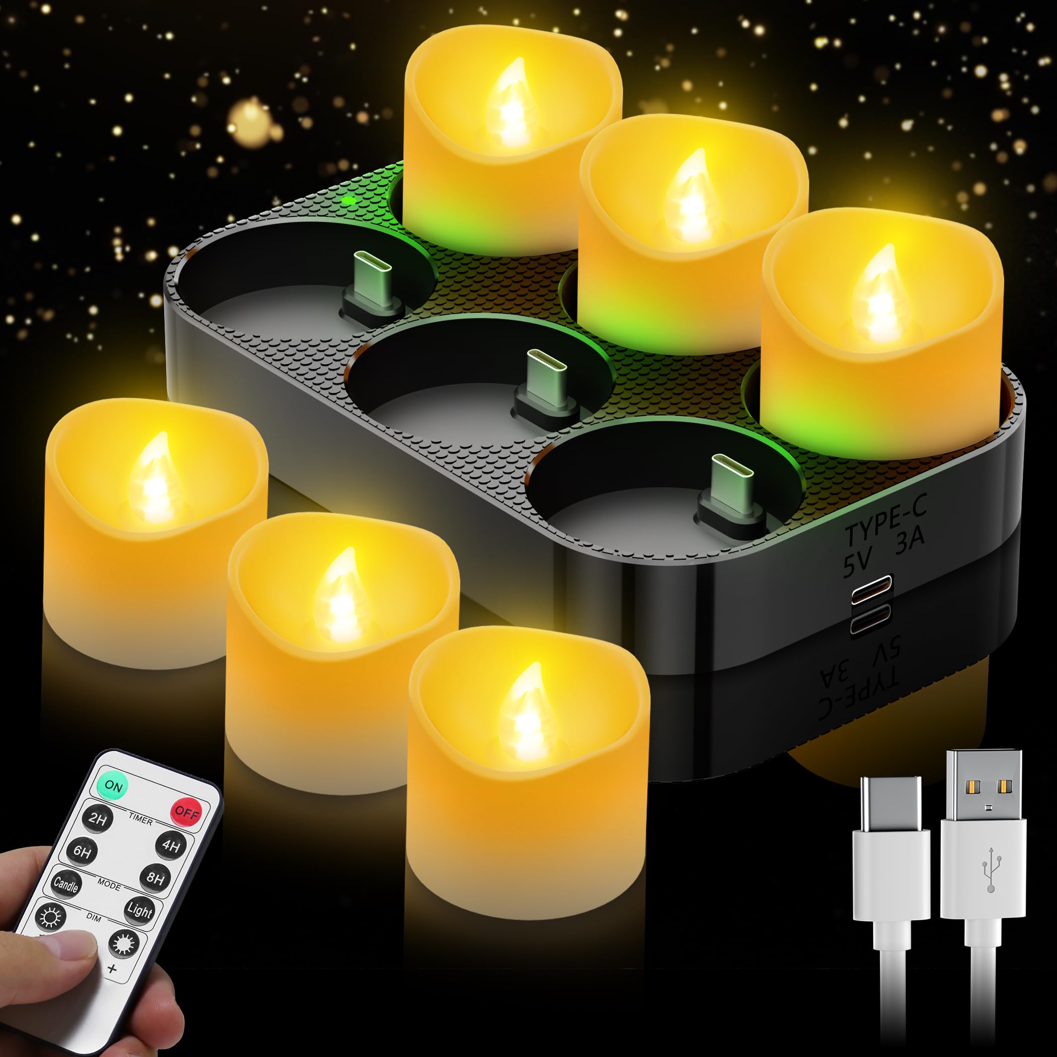 daphomeu Wiederaufladbare LED Teelichter 6 Stück mit Fernbedienung, Elektrische Teelichter mit Timer und USB-C Ladestation, Flammenlose Kerzen für Tischdeko, Partys, Zuhause Beleuchtung