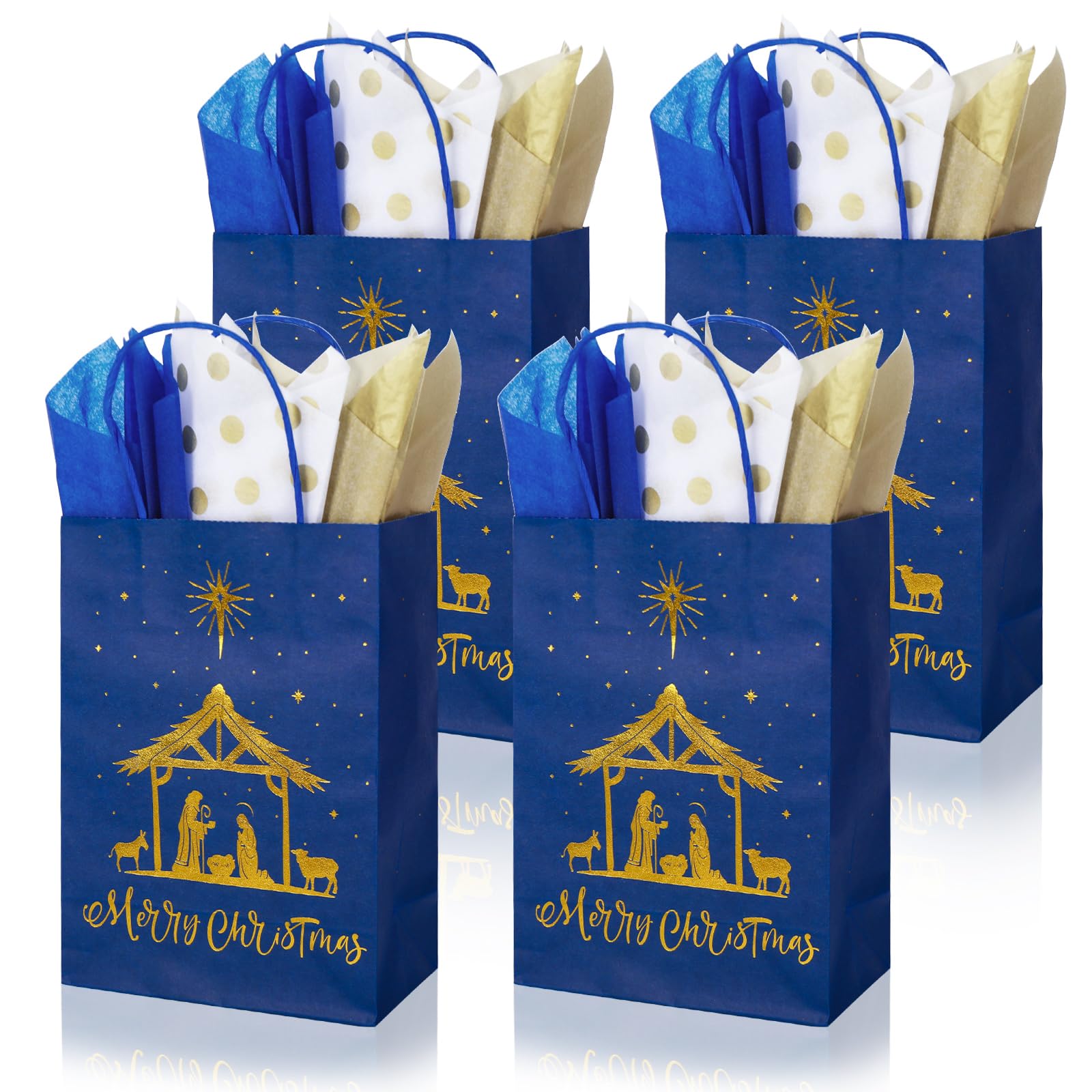 JarThenaAMCS 36Pcs Merry Christmas Paper Bags with 45 Sheets Tissue Paper Nativity Scene Treat Gift Bags with Handles Navy Blue Gold Candy Goodie Bags for Xmas Baptism Party