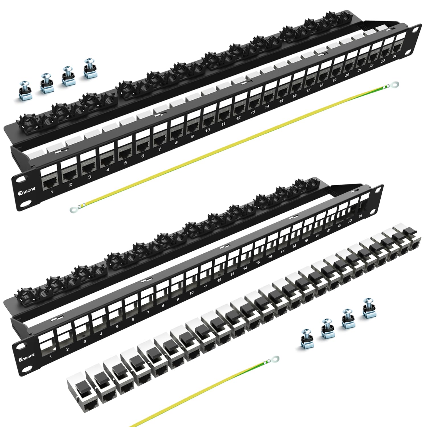 Lot de 2 panneaux de brassage Cat6A Keystone à 24 ports (certifié EC) RJ45 avec gestion intelligente des câbles pour montage en rack de 48,3 cm (blindé)